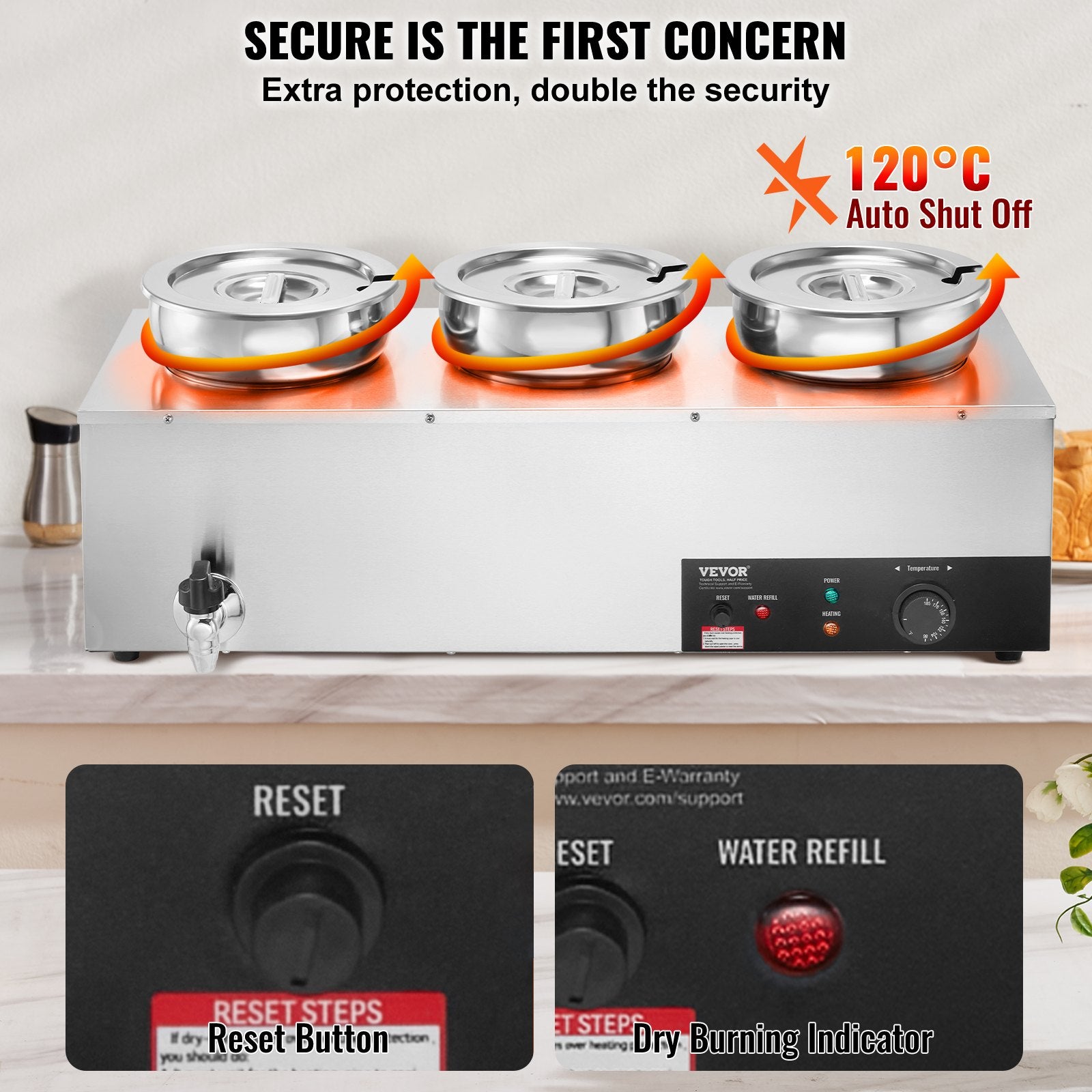 Electric Soup Warmer, Three 7.4QT Stainless Steel Round Pot, 1200W Commercial Food Warmer, 30 - 85℃ Adjustable Temp, Bain Marie with Anti-Dry Burn and Reset Button, for Restaurant, Buffet