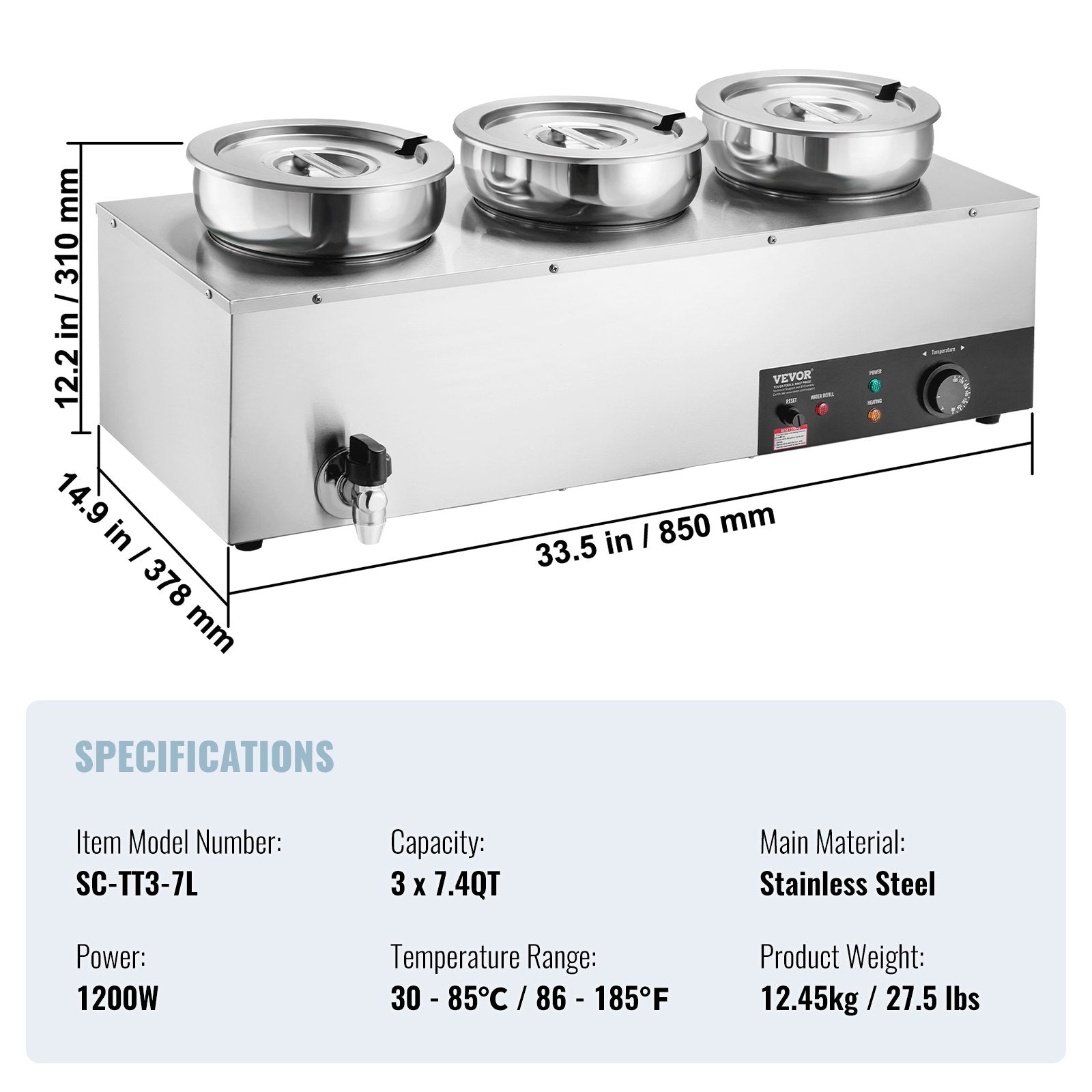 Electric Soup Warmer, Three 7.4QT Stainless Steel Round Pot, 1200W Commercial Food Warmer, 30 - 85℃ Adjustable Temp, Bain Marie with Anti-Dry Burn and Reset Button, for Restaurant, Buffet