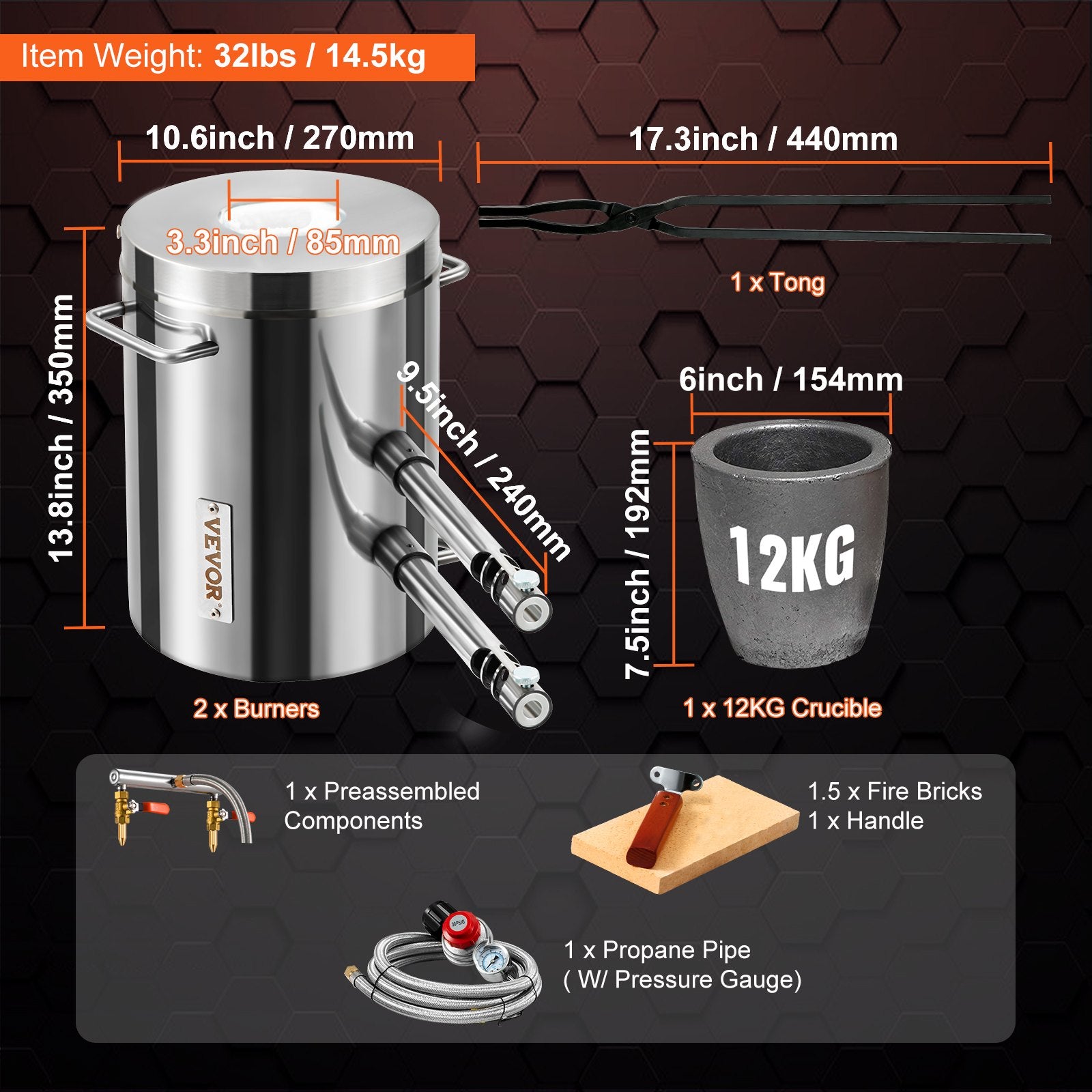 12KG Propane Smelting Furnace Kit Melting Furnace Double Burners 2700℉