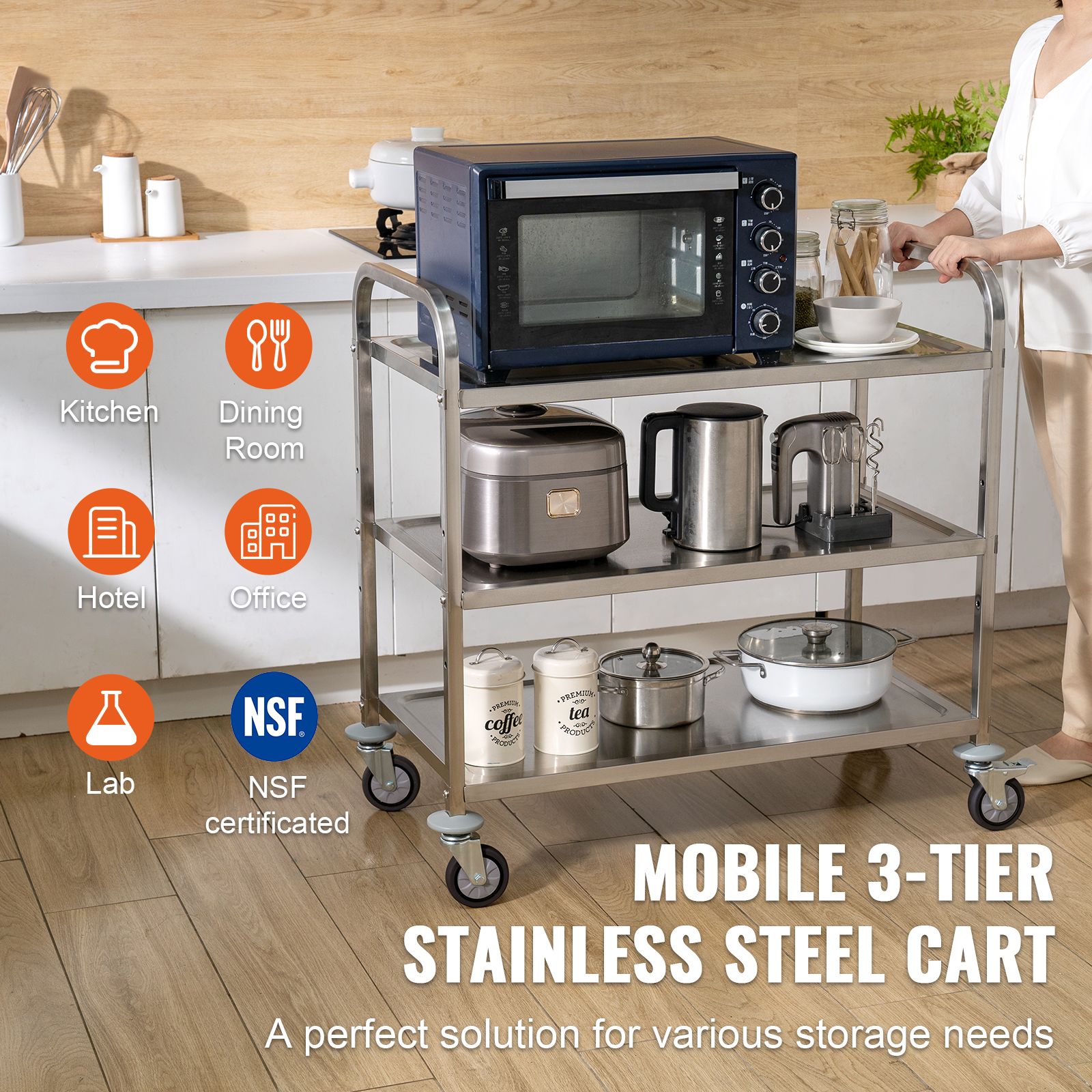 3-Tier Utility Cart Rolling Cart on Wheels 37.5