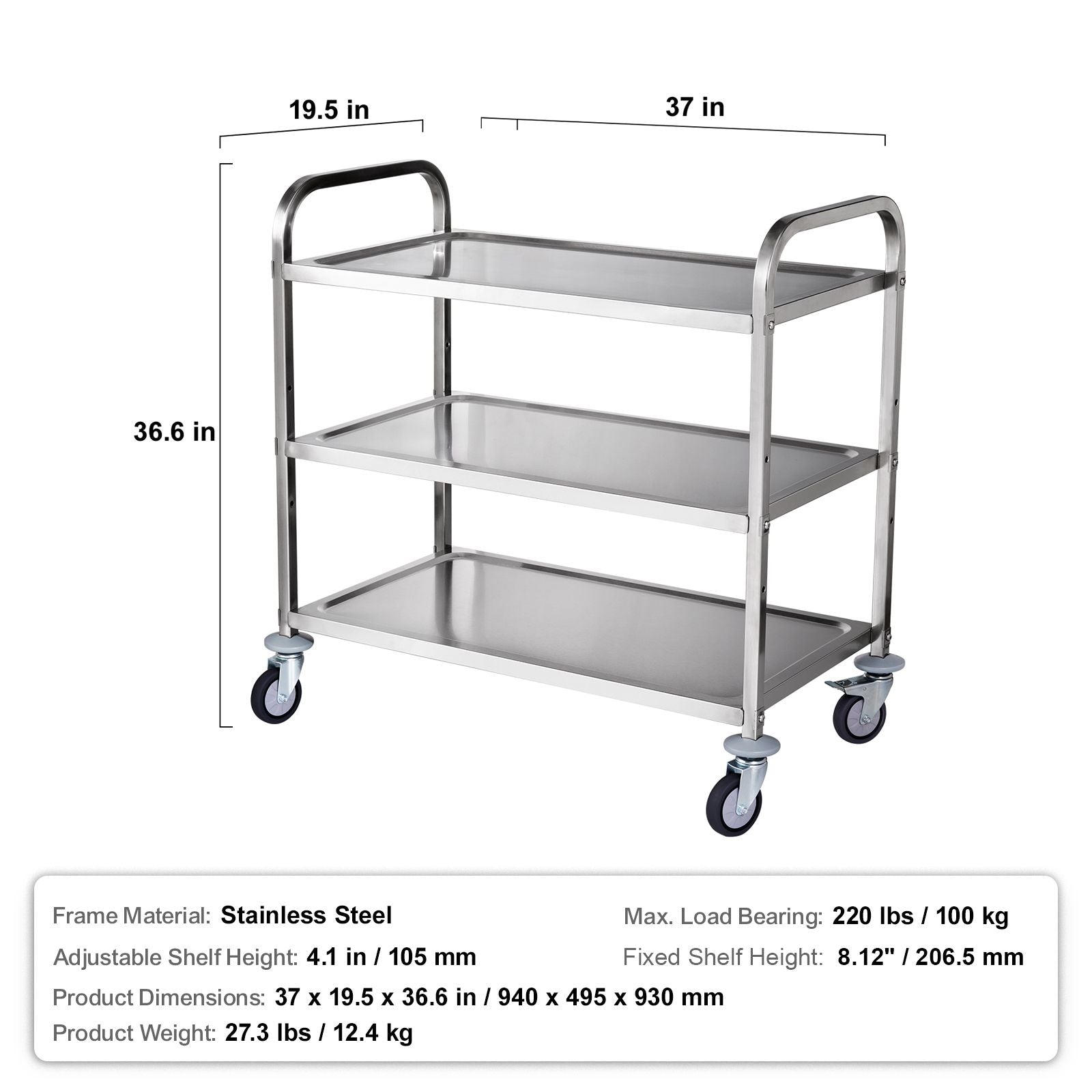 3-Tier Utility Cart Rolling Cart on Wheels 37.5