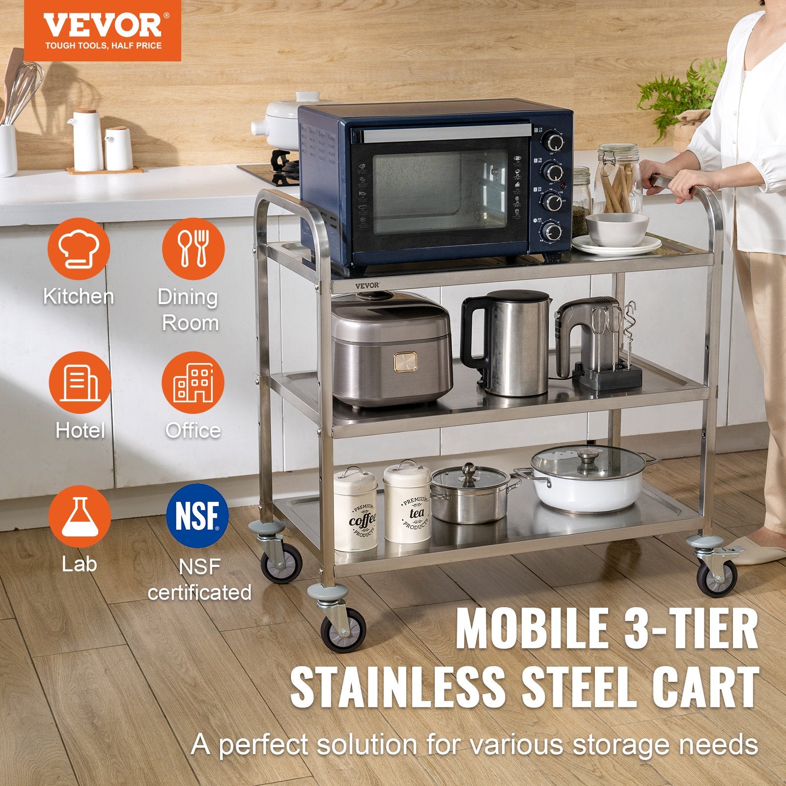 3-Tier Utility Cart Rolling Cart on Wheels 37.5