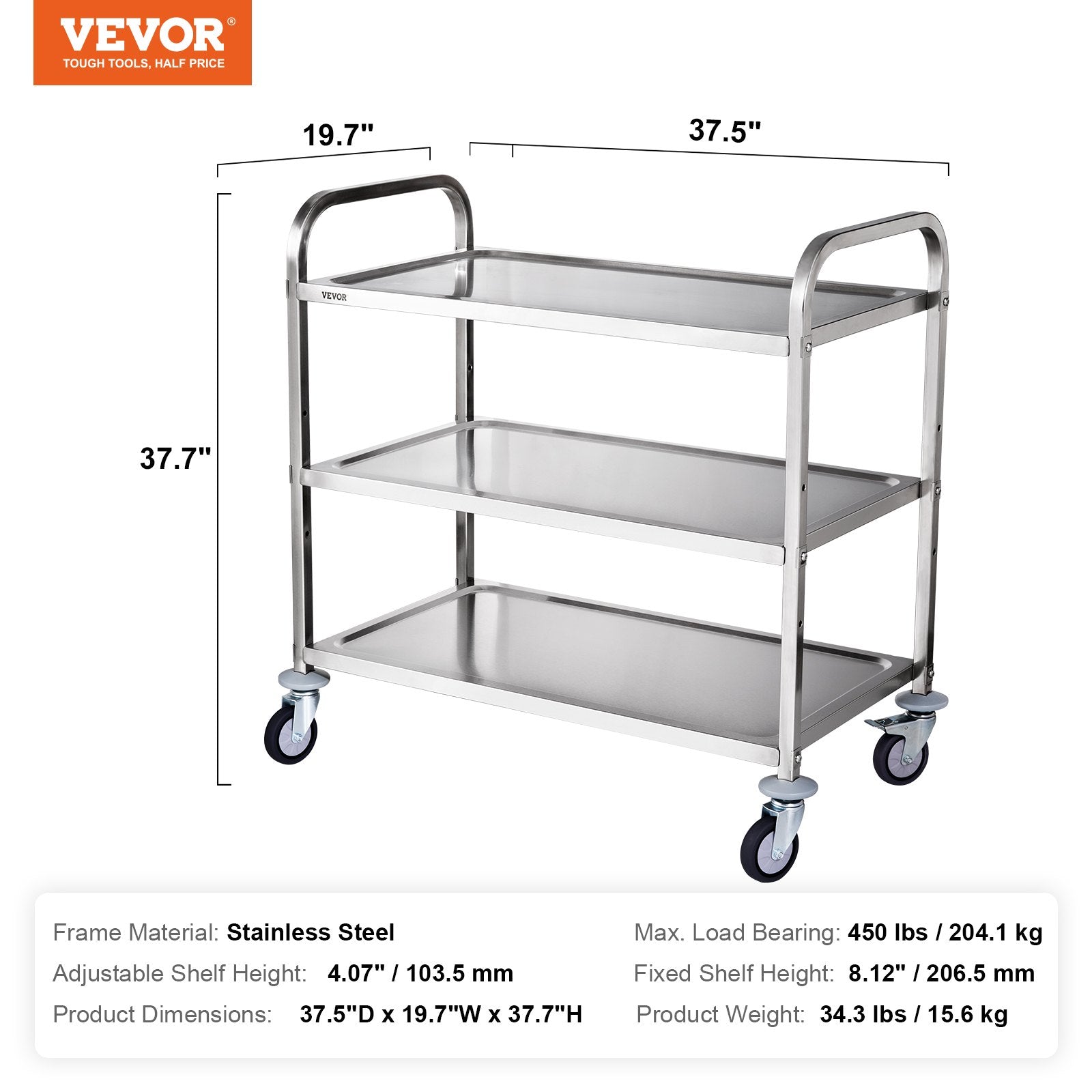 3-Tier Utility Cart Rolling Cart on Wheels 37.5