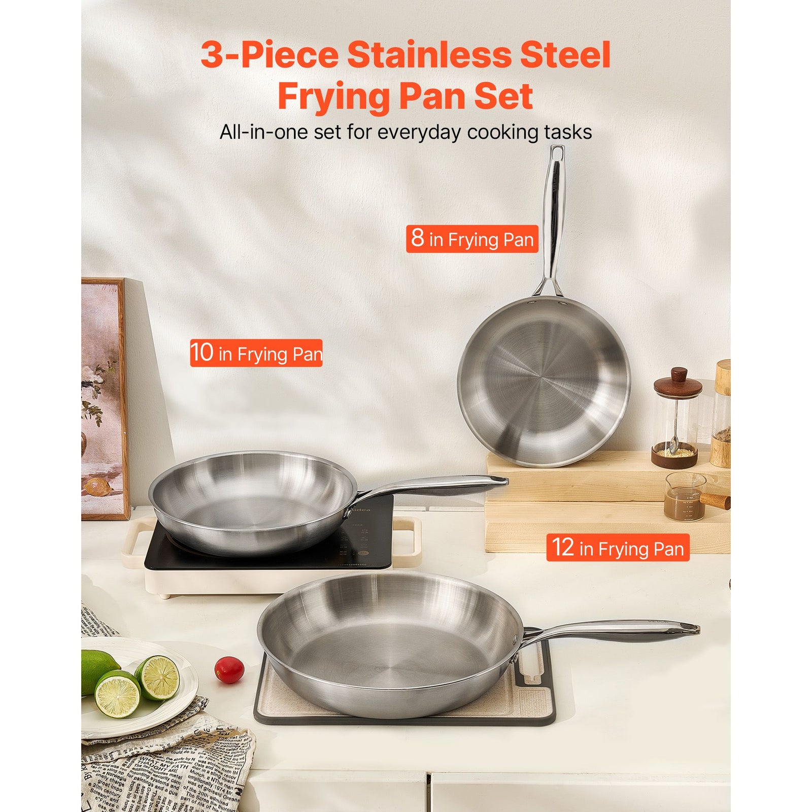 Tri-Ply Stainless Steel Frying Pan, 3 Piece (240, 280, 320 mm), Cooking Skillet with Heat-Resistant Handle, Chef's Kitchen Cookware, Oven, Gas, Electric, Induction, Dishwasher Compatible, Silver