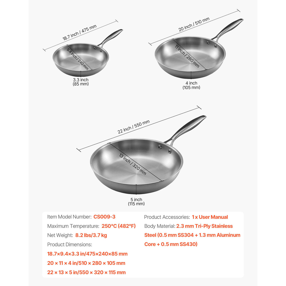 Tri-Ply Stainless Steel Frying Pan, 3 Piece (240, 280, 320 mm), Cooking Skillet with Heat-Resistant Handle, Chef's Kitchen Cookware, Oven, Gas, Electric, Induction, Dishwasher Compatible, Silver