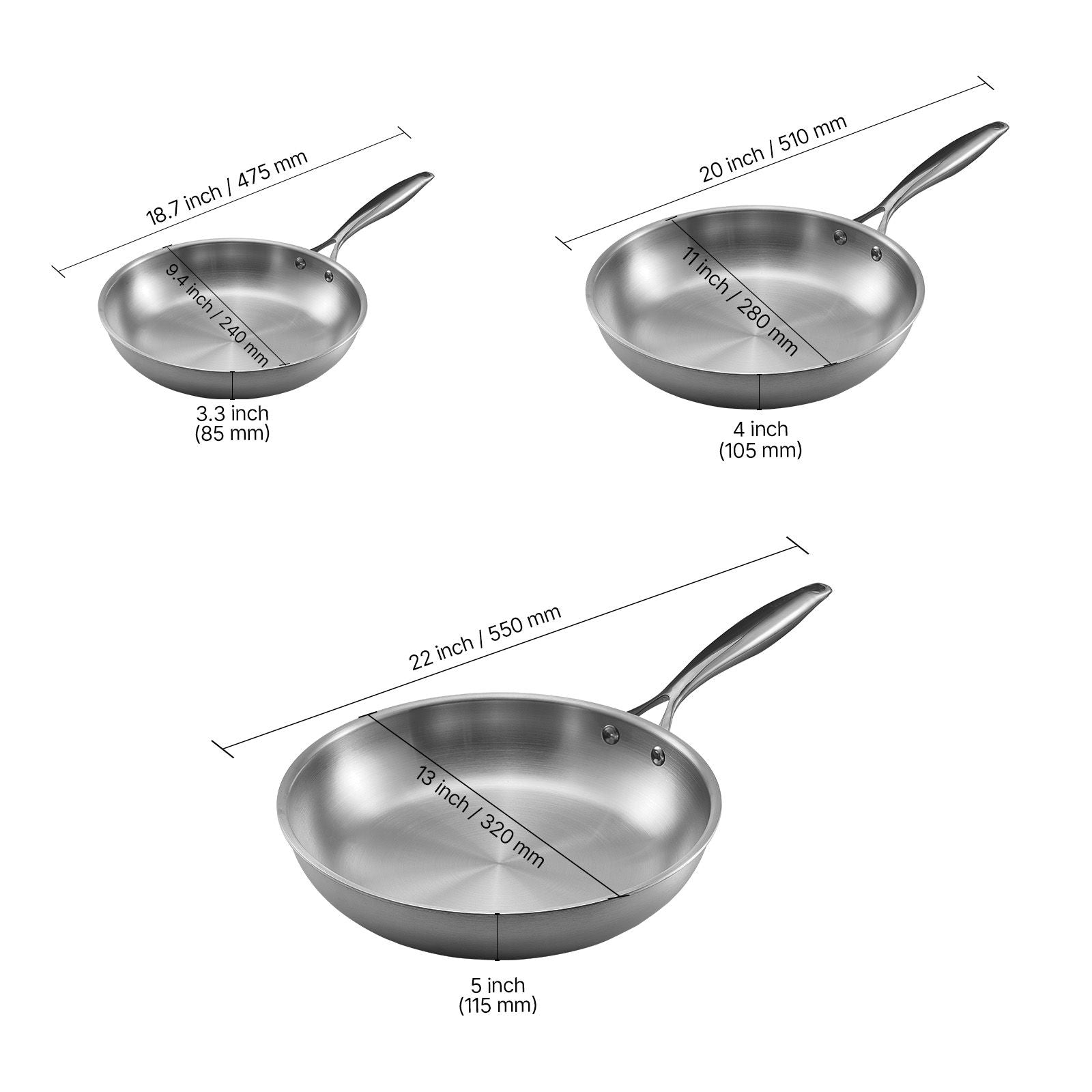 Tri-Ply Stainless Steel Frying Pan, 3 Piece (240, 280, 320 mm), Cooking Skillet with Heat-Resistant Handle, Chef's Kitchen Cookware, Oven, Gas, Electric, Induction, Dishwasher Compatible, Silver