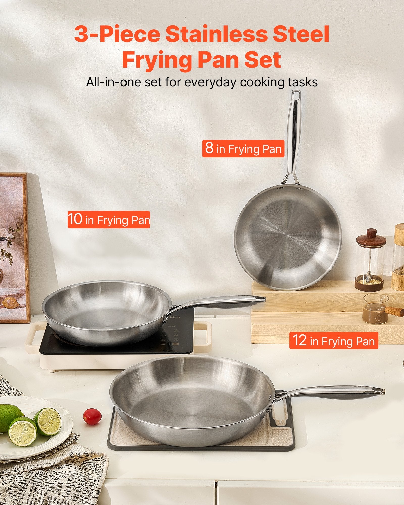 Tri-Ply Stainless Steel Frying Pan, 3 Piece (240, 280, 320 mm), Cooking Skillet with Heat-Resistant Handle, Chef's Kitchen Cookware, Oven, Gas, Electric, Induction, Dishwasher Compatible, Silver