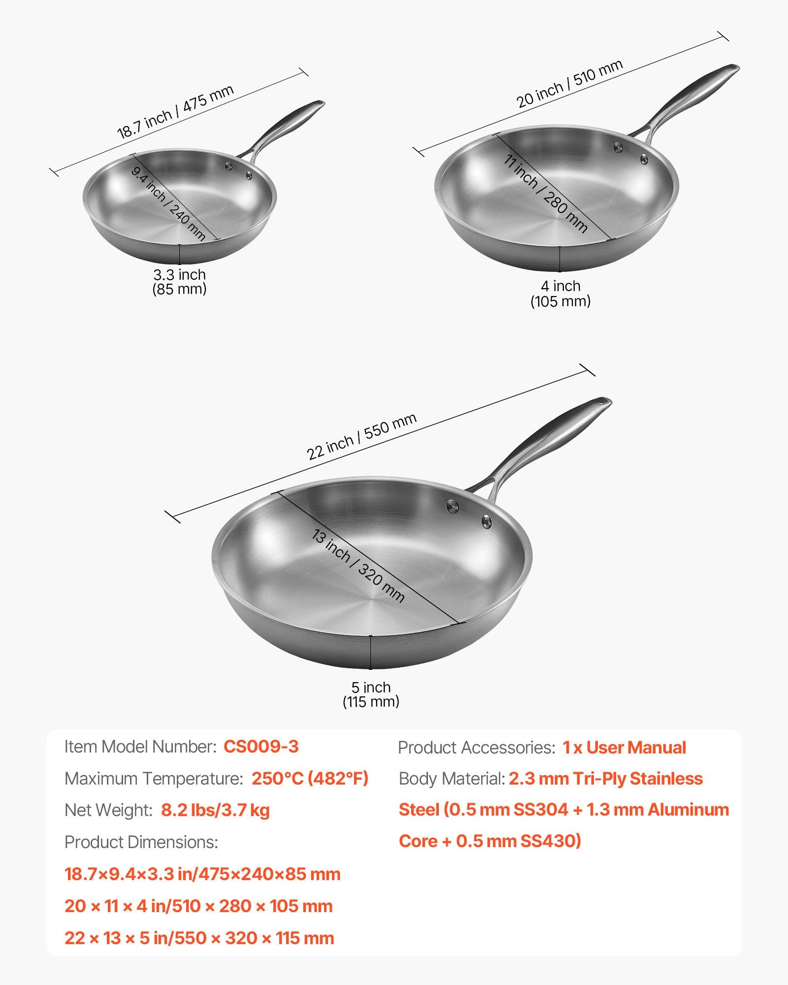 Tri-Ply Stainless Steel Frying Pan, 3 Piece (240, 280, 320 mm), Cooking Skillet with Heat-Resistant Handle, Chef's Kitchen Cookware, Oven, Gas, Electric, Induction, Dishwasher Compatible, Silver