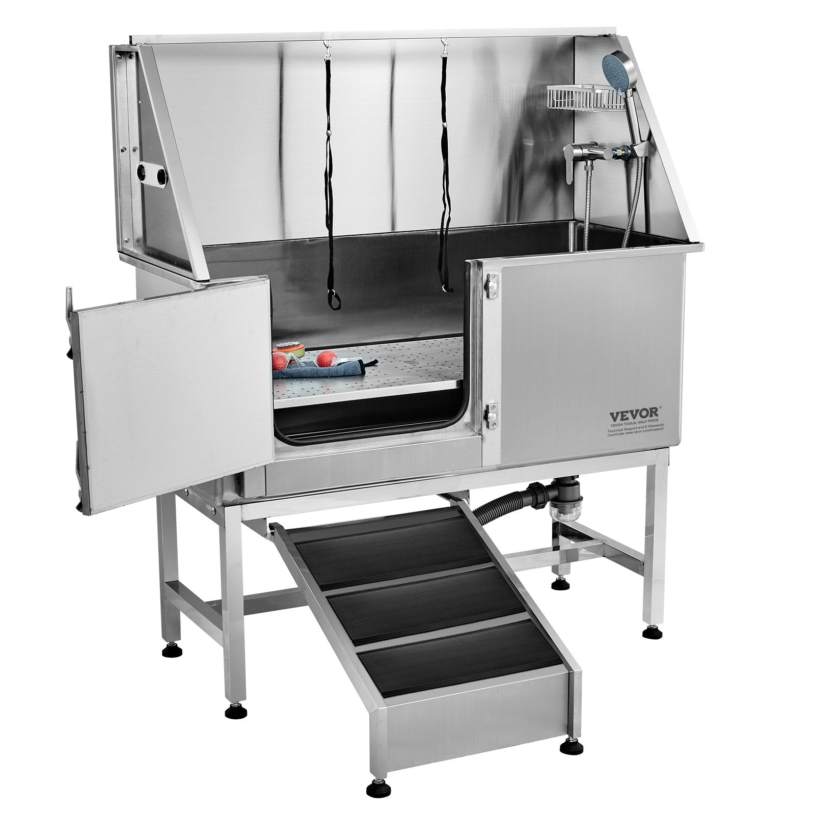 1.57M Pet Dog Bathing Station w/Ramp, Professional Stainless Steel Dog Grooming Tub w/ Soap Box, Faucet,Rich Accessory,Bathtub for Large,Medium,Small Pets, Washing Sink for Home(Left)