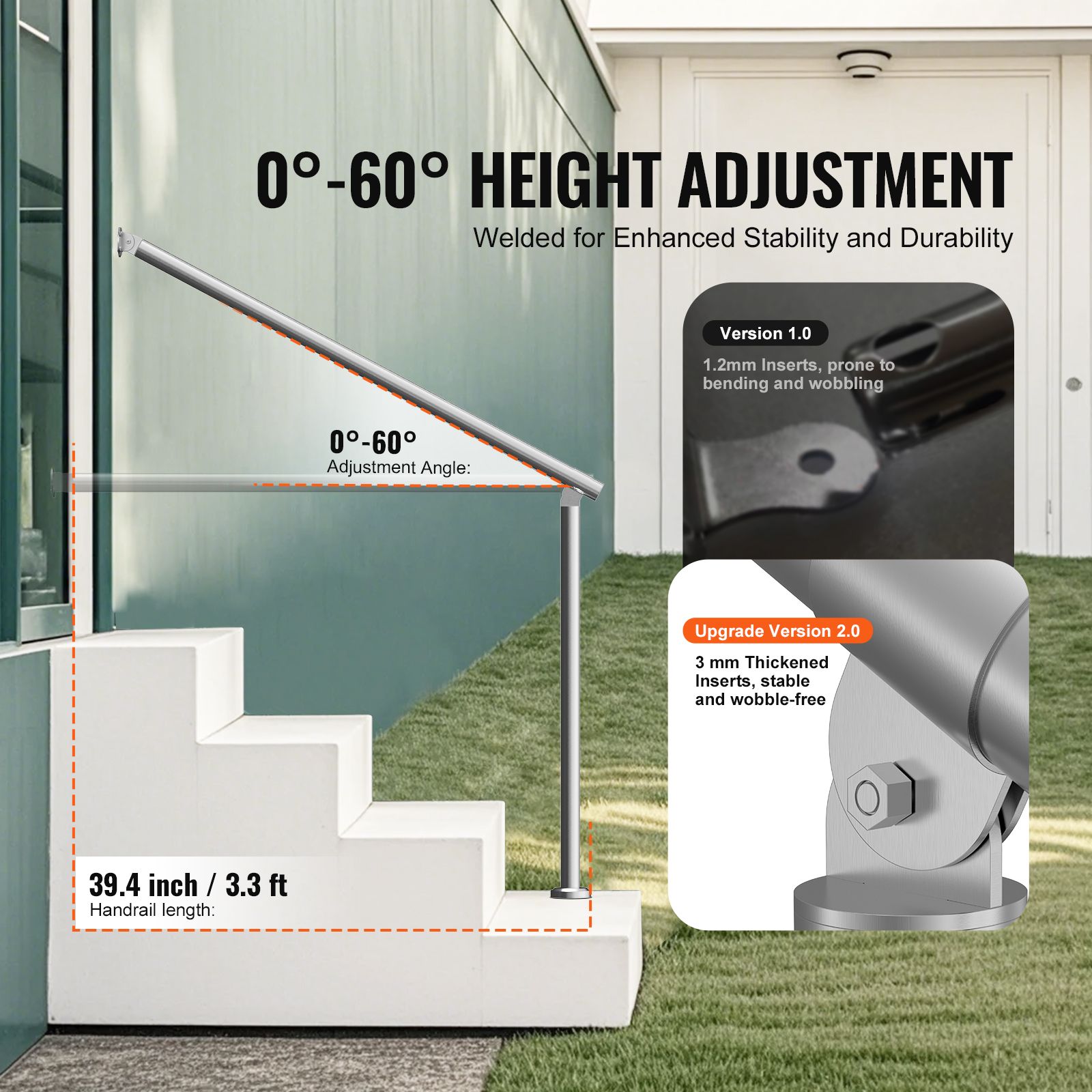 39.4in Outdoor Stair Handrail Silver Adjustable Deck Railing Safety Bar
