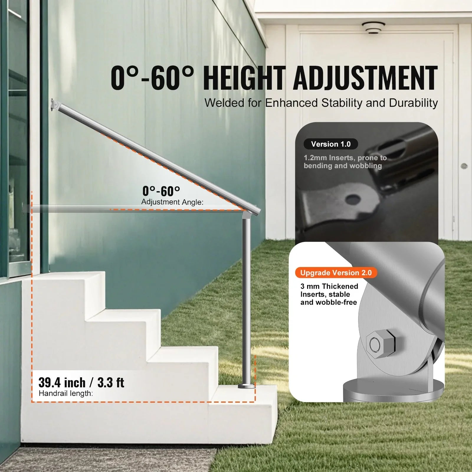 39.4in Outdoor Stair Handrail Silver Adjustable Deck Railing Safety Bar
