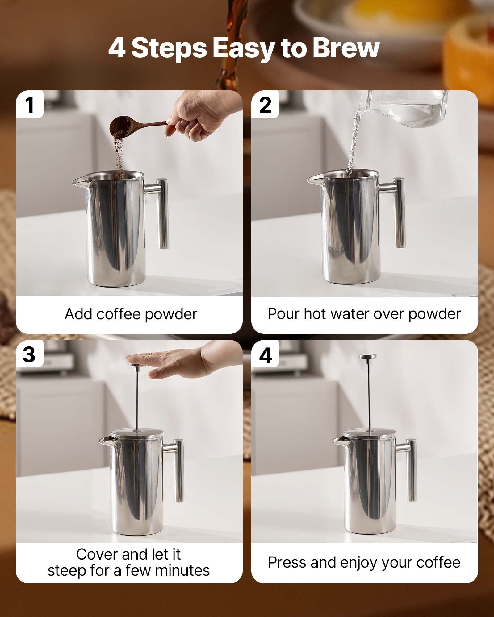 French Press Coffee Maker, 1 Liter Stainless Steel Coffee Press Tea Maker with Filter, Large Double Wall Insulated French Presses Cold Brew for Camping Travel Home Kitchen, Silver