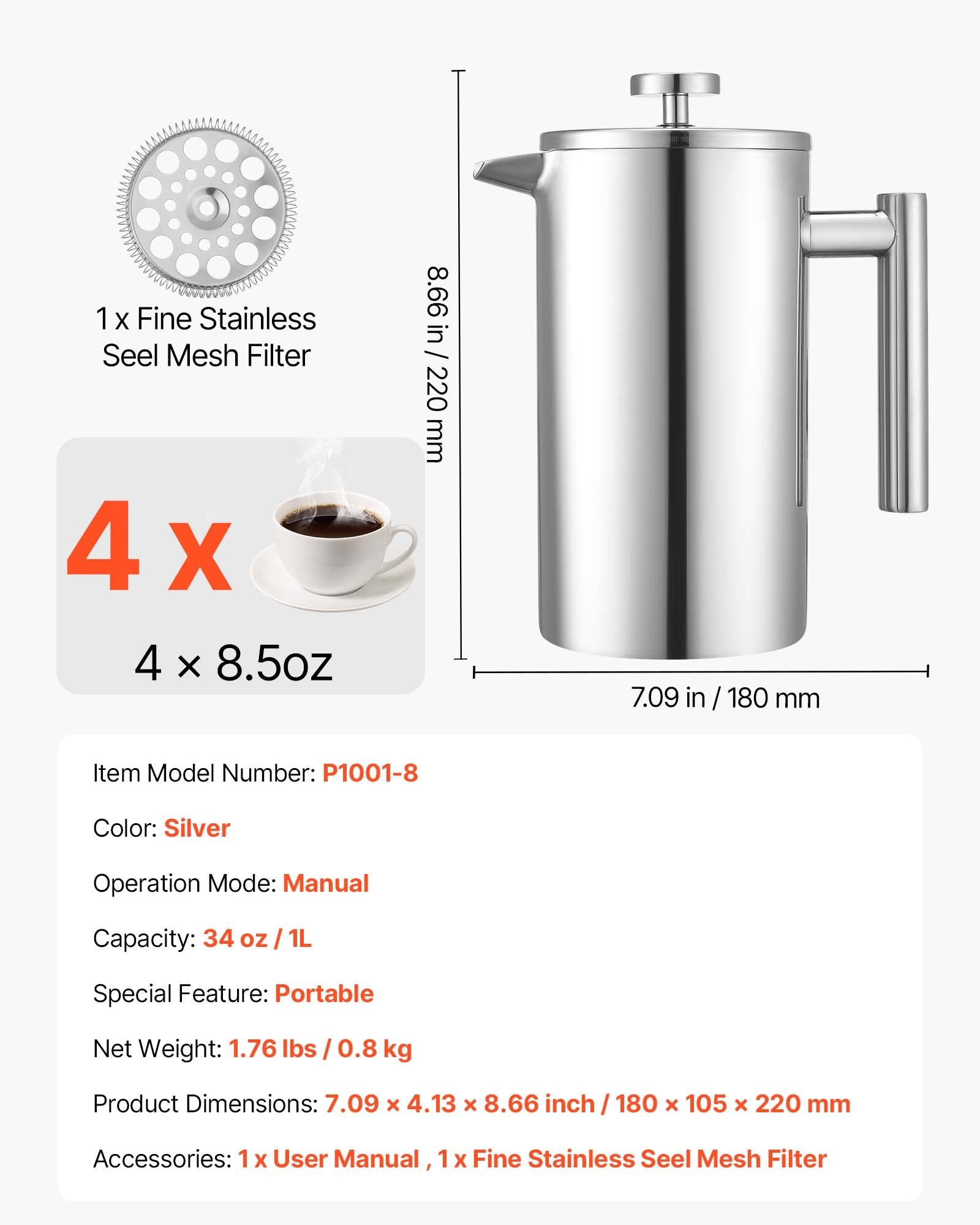 French Press Coffee Maker, 1 Liter Stainless Steel Coffee Press Tea Maker with Filter, Large Double Wall Insulated French Presses Cold Brew for Camping Travel Home Kitchen, Silver