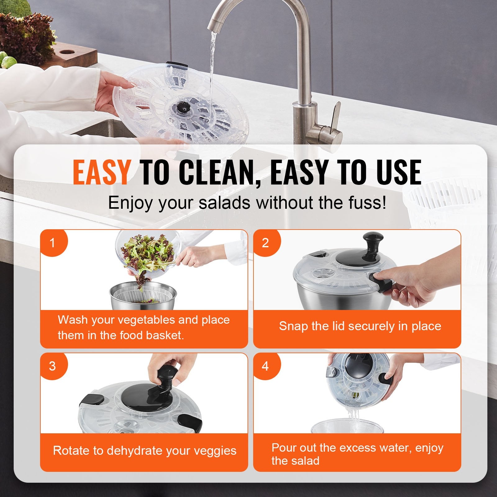 Stainless Steel Salad Spinner, 4.5L, One-handed Easy Press Large Vegetable Dryer Washer, Lettuce Cleaner and Dryer with 304 Stainless Steel Bowl, for Greens, Herbs, Berries, Fruits, No BPA