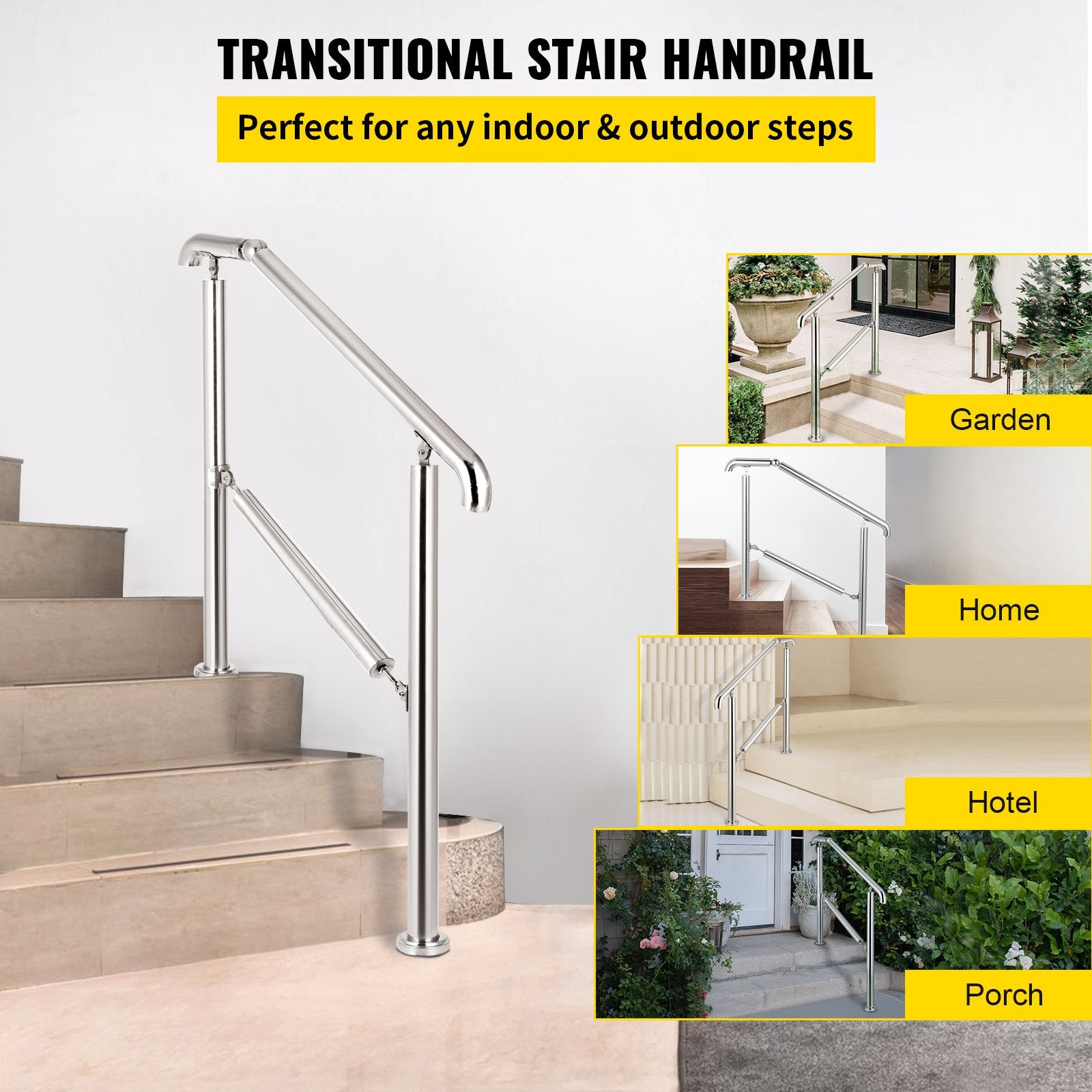 3 Step Railing Stainless Steel Transitional Handrail fit for Level Surface and 1 to 3 Steps Adjustable Stair Railing Indoor Outdoor Step Railings 220lb Capacity W/ Installation Kit Porch DIY