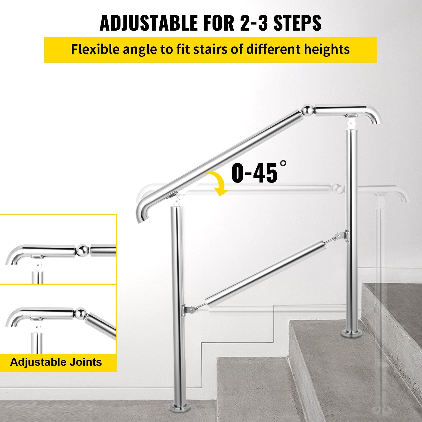 3 Step Railing Stainless Steel Transitional Handrail fit for Level Surface and 1 to 3 Steps Adjustable Stair Railing Indoor Outdoor Step Railings 220lb Capacity W/ Installation Kit Porch DIY