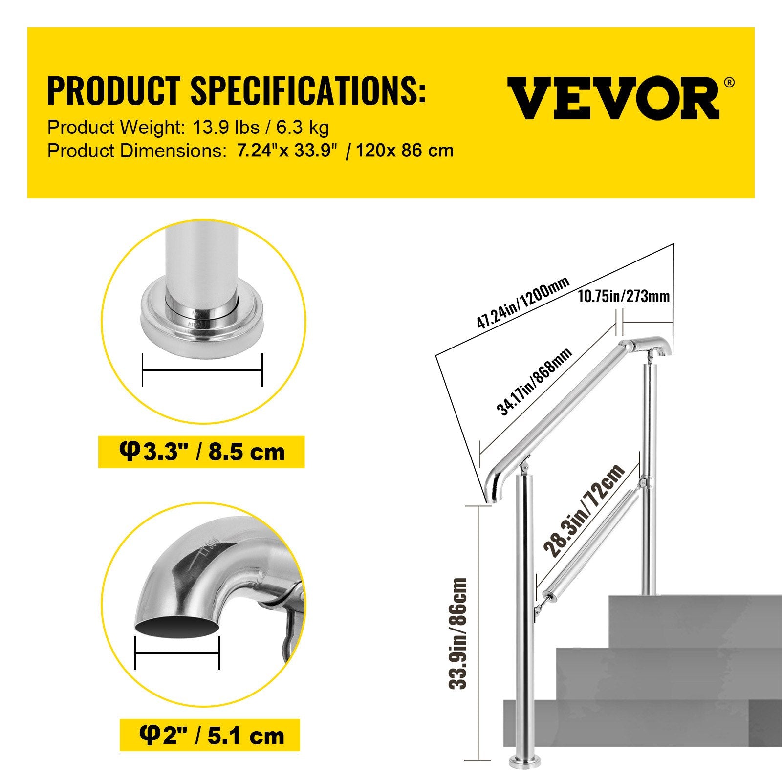 3 Step Railing Stainless Steel Transitional Handrail fit for Level Surface and 1 to 3 Steps Adjustable Stair Railing Indoor Outdoor Step Railings 220lb Capacity W/ Installation Kit Porch DIY
