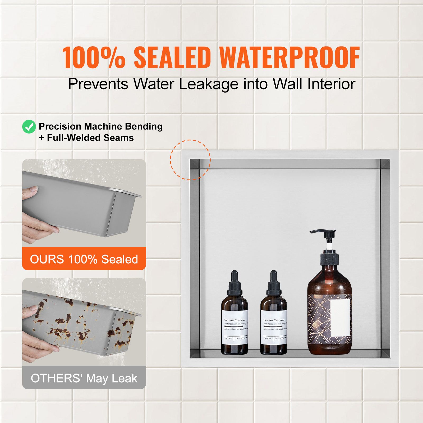 33x33cm Stainless Steel Shower Niche Recessed Double Shelf Waterproof Silver