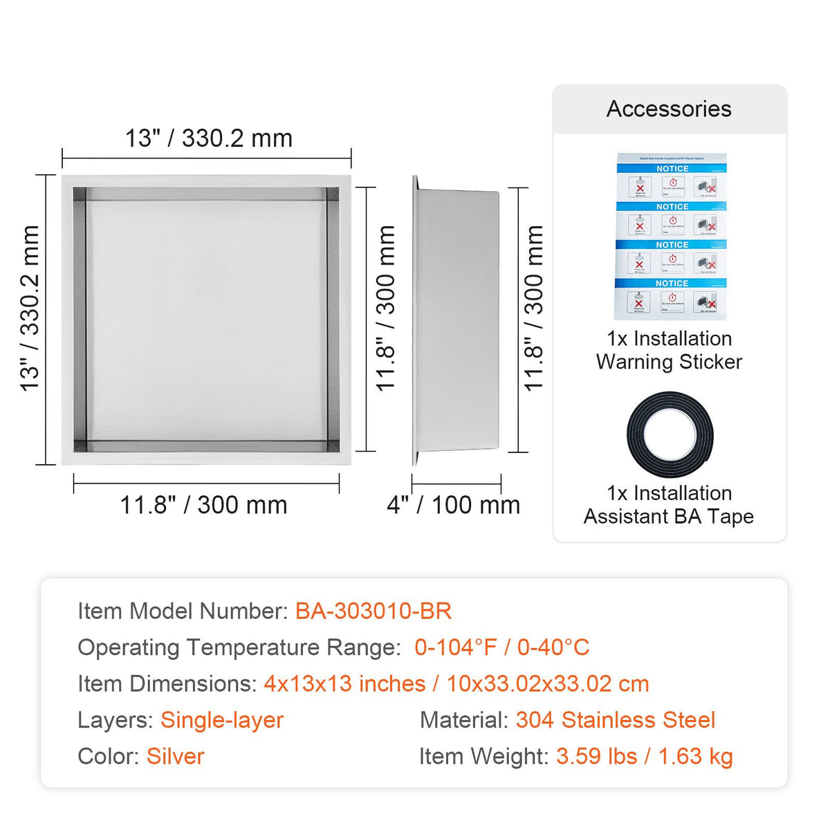33x33cm Stainless Steel Shower Niche Recessed Double Shelf Waterproof Silver