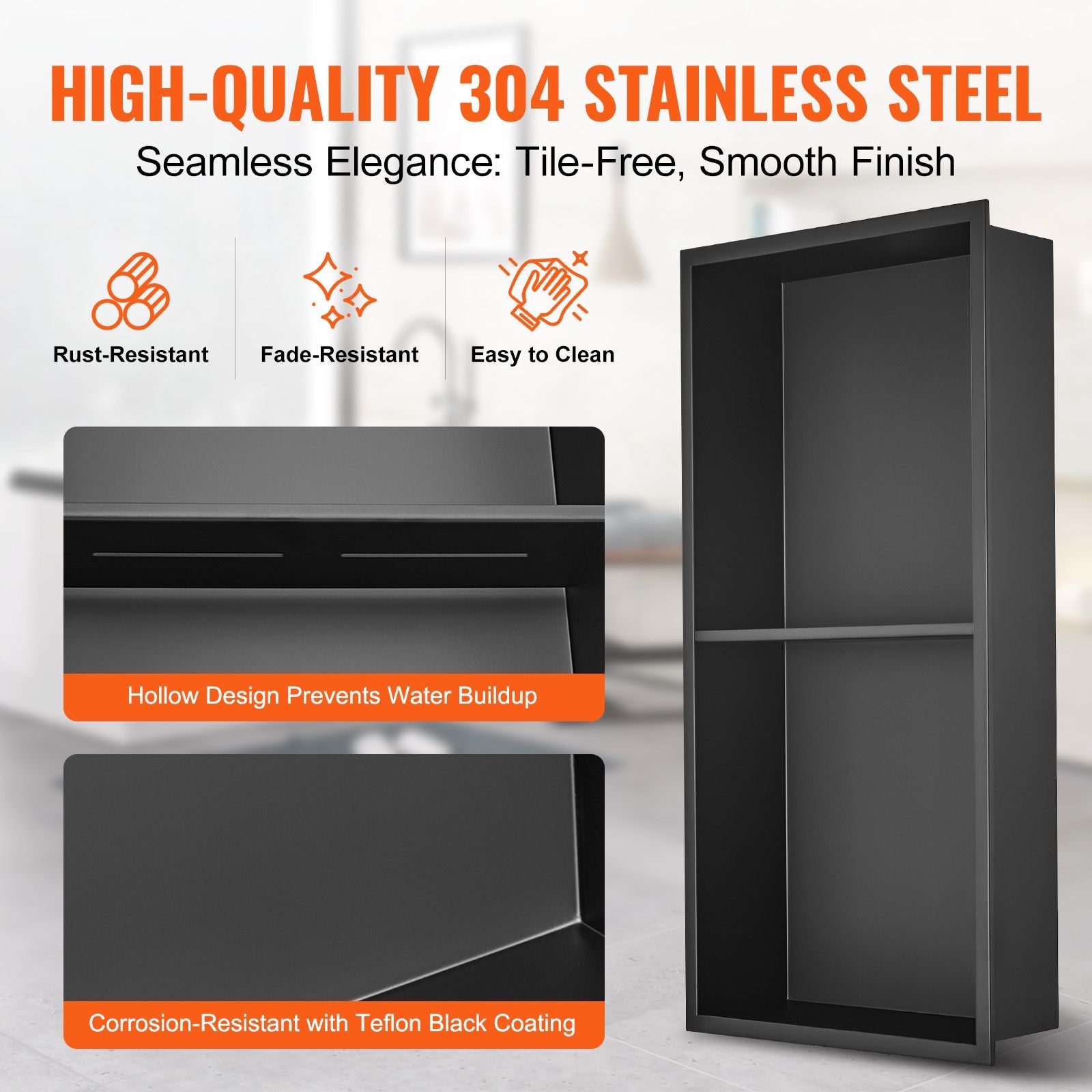 33x63cm Stainless Steel Shower Niche Recessed Double Shelf Waterproof