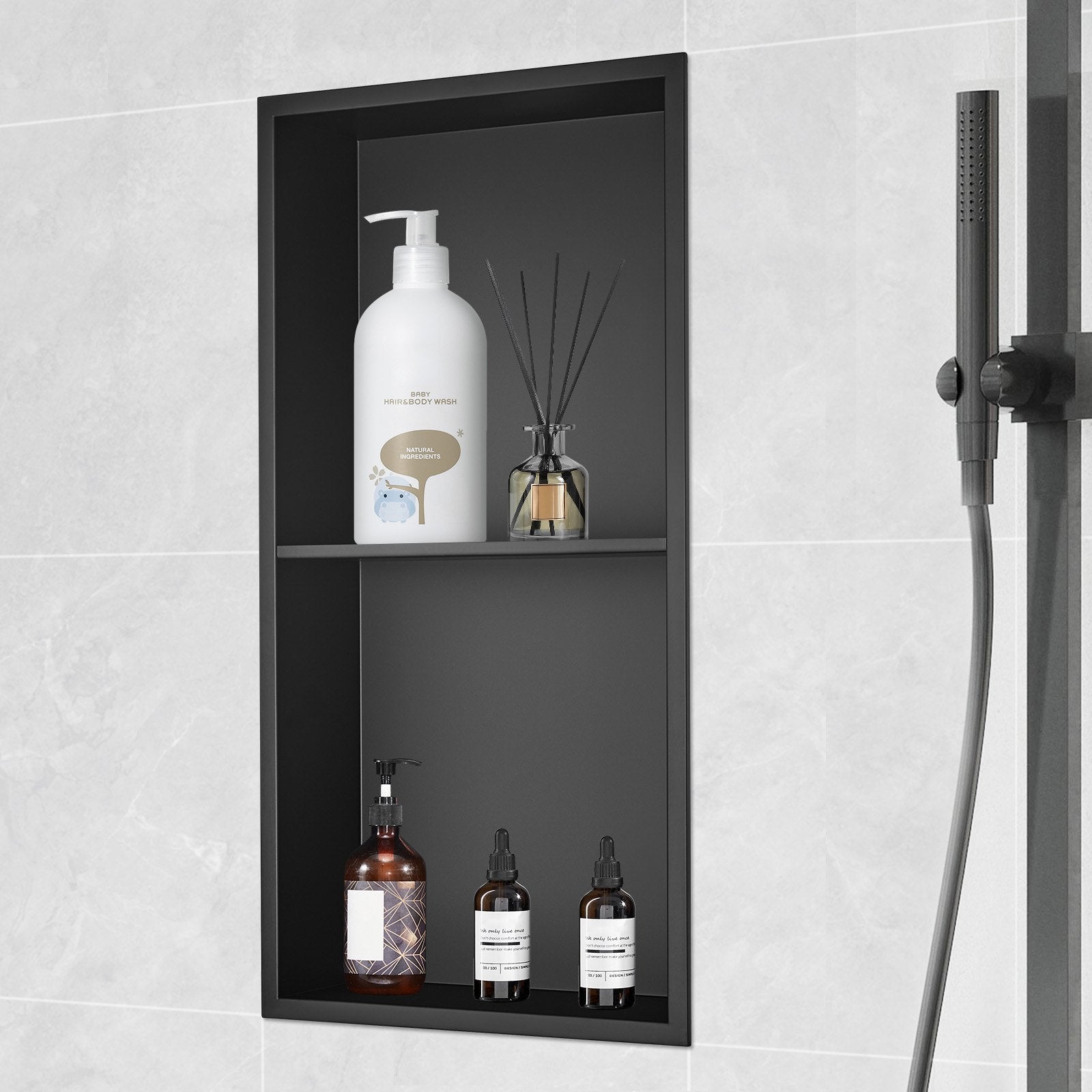 33.02 x 63.5 cm No Tile Shower Niche 304 Stainless Steel, Wall-Inserted Niche Recessed Double Shelves, Sealed Waterproof Rust-Resistant Modern Niche for Shower or Soap Storage Bathroom