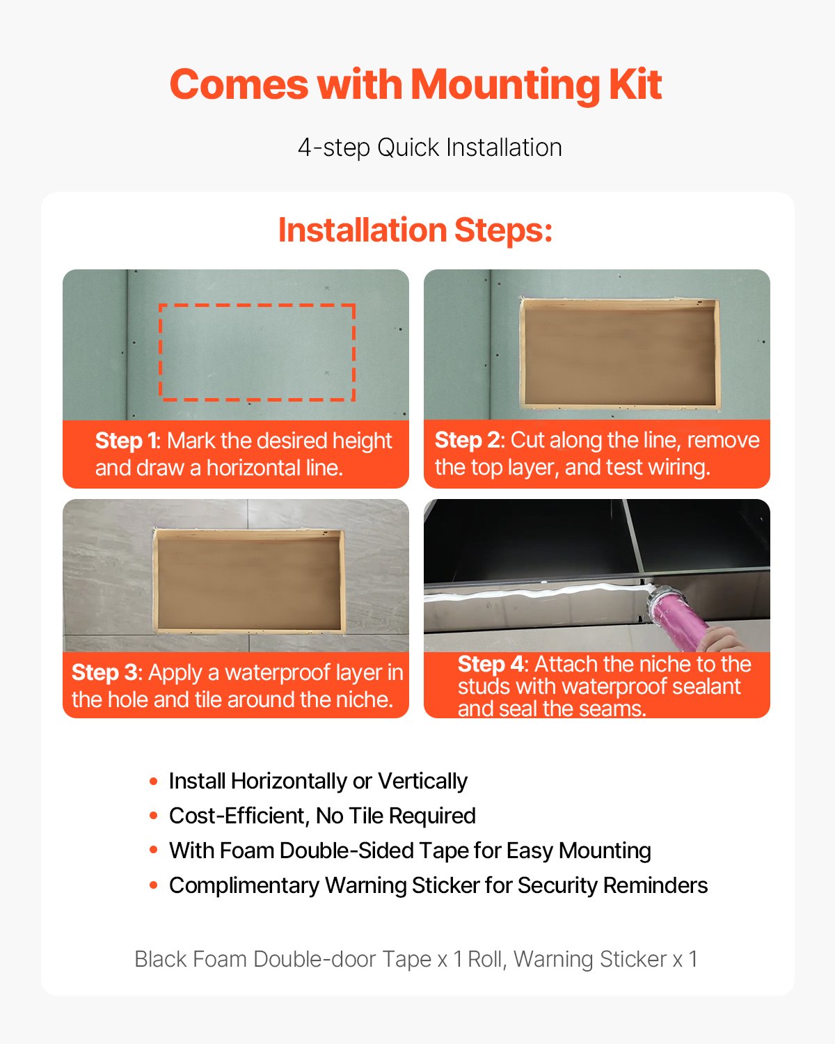 Shower Niche, 33.0 x 63.5 x 10.2 cm Recessed Wall Niche, Heavy-duty Stainless Steel Modern Soap & Shampoo Storage Organizer, Sealed Waterproof, Durable & Easy to Install, Black for Bathroom