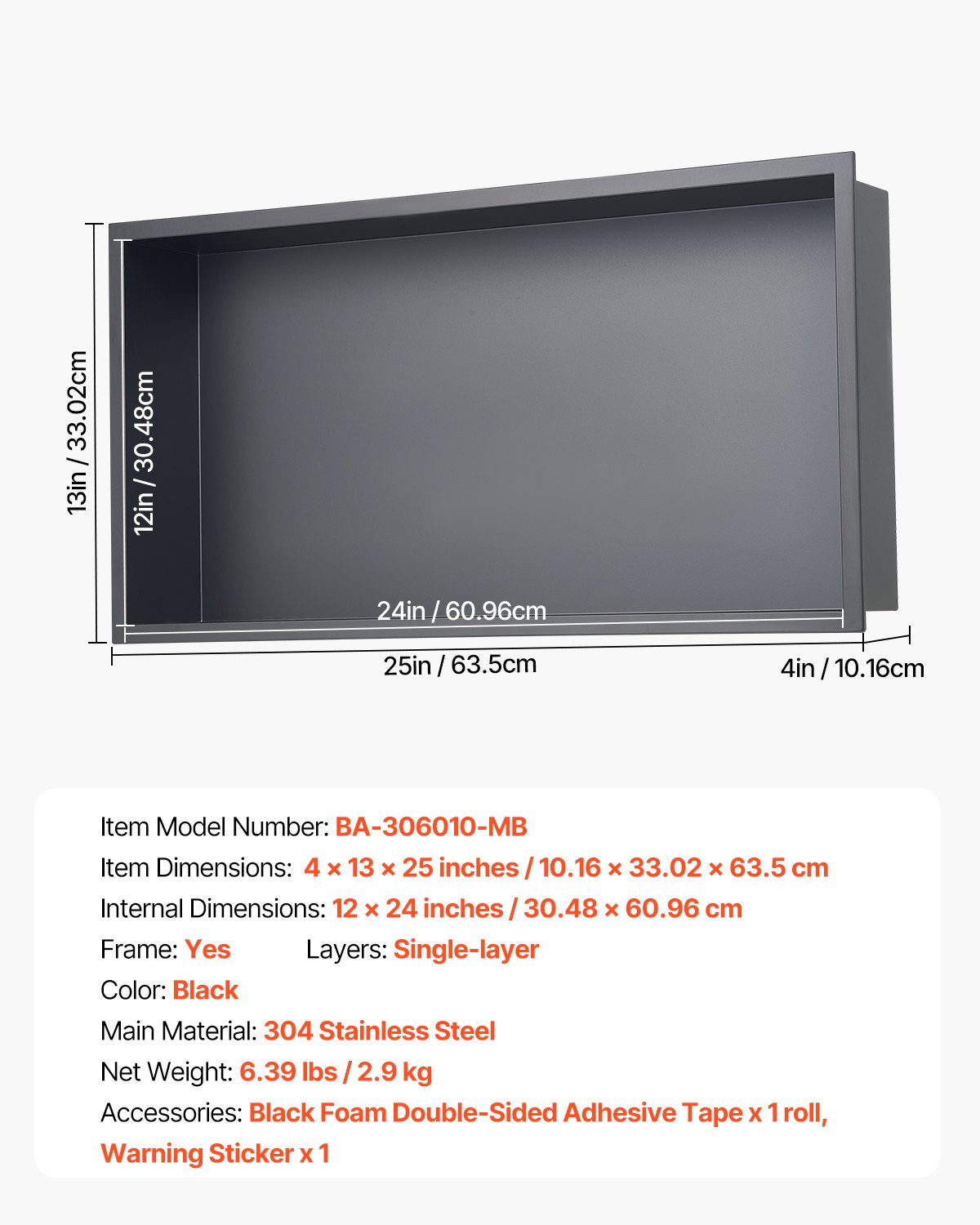 Shower Niche, 33.0 x 63.5 x 10.2 cm Recessed Wall Niche, Heavy-duty Stainless Steel Modern Soap & Shampoo Storage Organizer, Sealed Waterproof, Durable & Easy to Install, Black for Bathroom