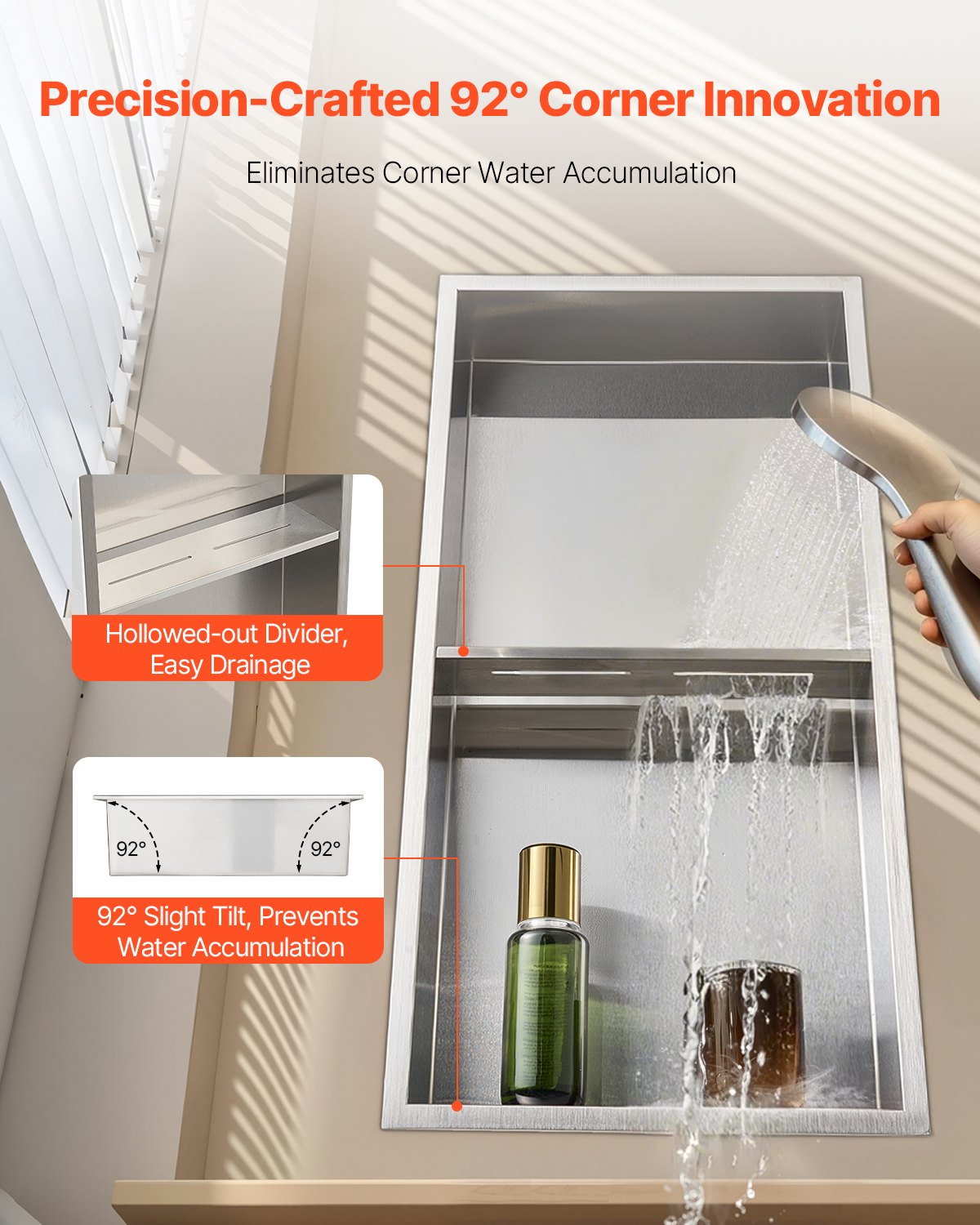 Shower Niche, 33.0 x 63.5 x 10.2 cm Recessed Wall Niche Double-layer, with Hollowed-out Divider, Heavy-duty Stainless Steel Modern Shampoo Storage Organizer, Waterproof, Silver for Bathroom