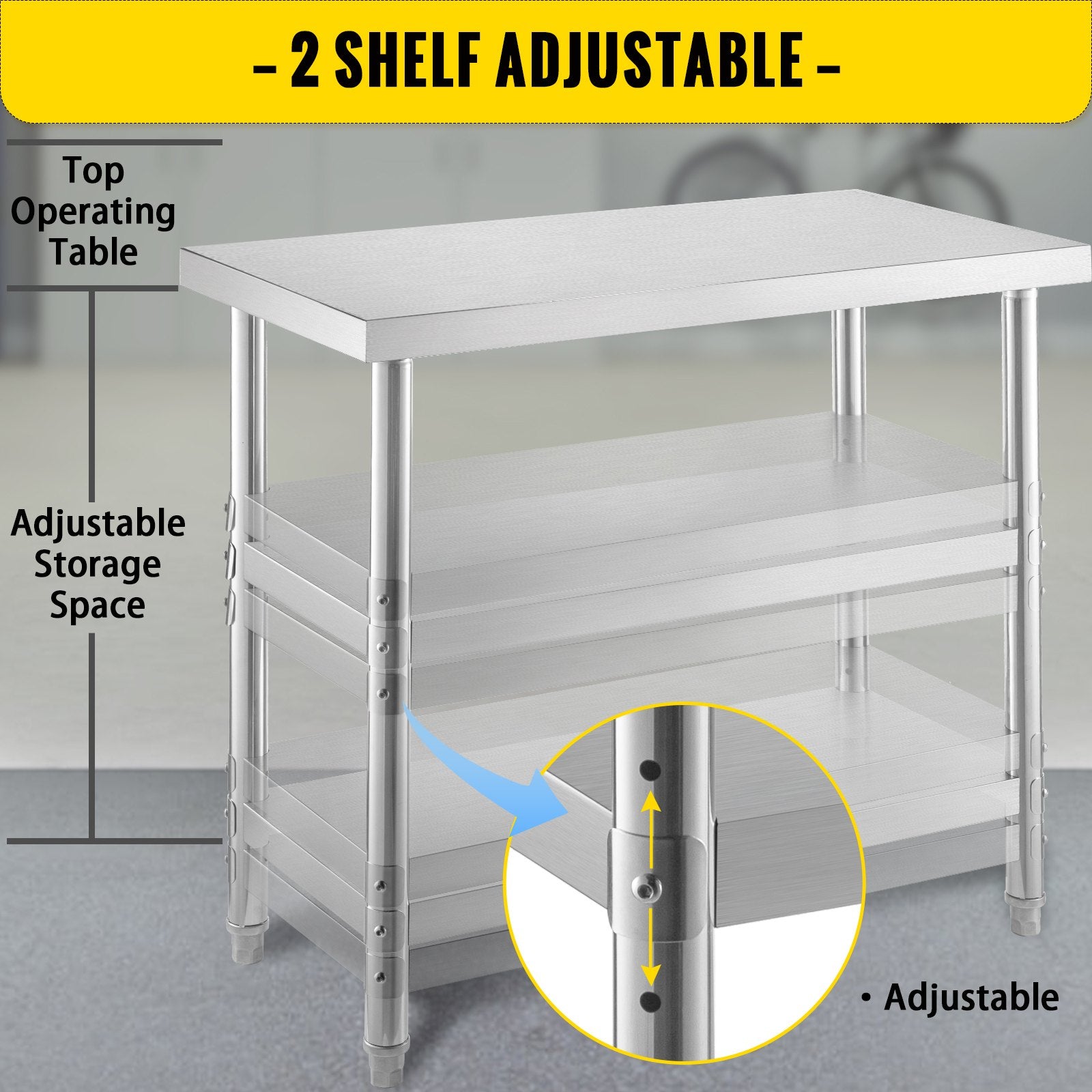 VEVOR Stainless Steel Prep Table, 1520x450x855 mm Commercial Stainless Steel Table, 2 Adjustable Undershelf BBQ Prep Table, Heavy Duty Kitchen Work Table, for Garage, Home, Warehouse, Kitchen Silver
