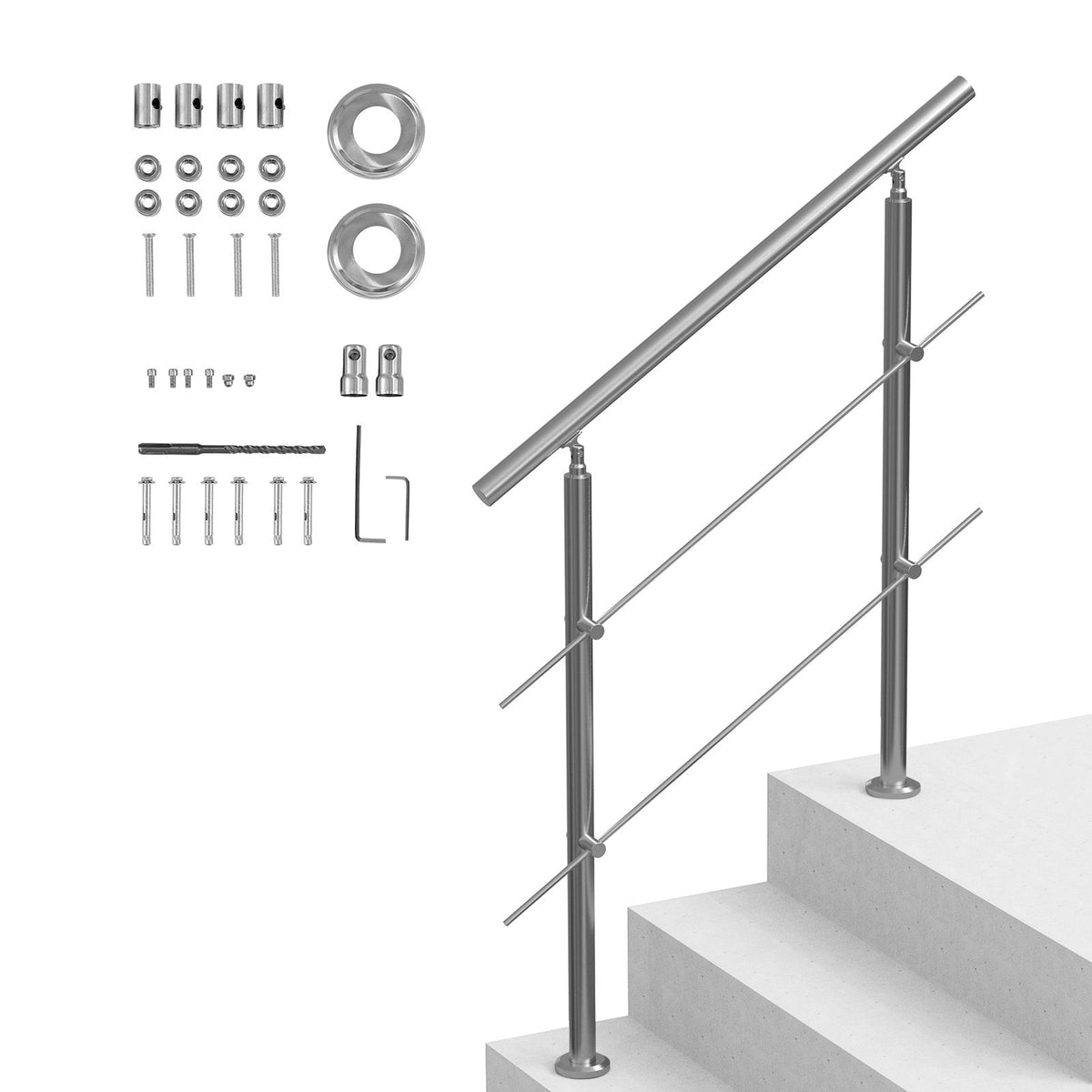 39.4-Inch Outdoor Stair Handrail, 2 Crossbars, Stainless Steel, Porch and Deck