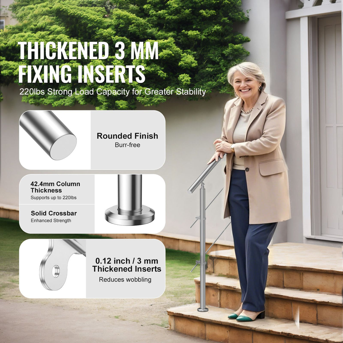 39.4-Inch Outdoor Stair Handrail, 2 Crossbars, Stainless Steel, Porch and Deck