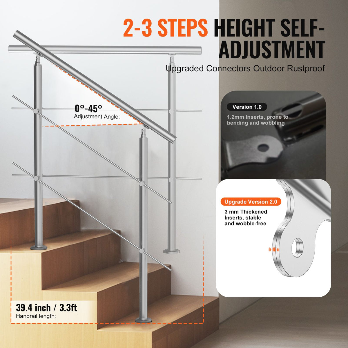 39.4-Inch Outdoor Stair Handrail, 2 Crossbars, Stainless Steel, Porch and Deck