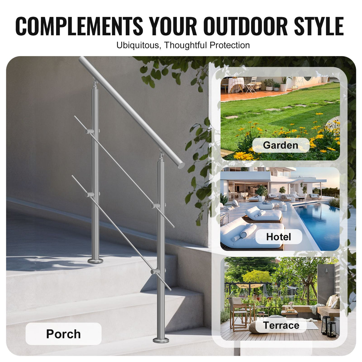 39.4-Inch Outdoor Stair Handrail, 2 Crossbars, Stainless Steel, Porch and Deck