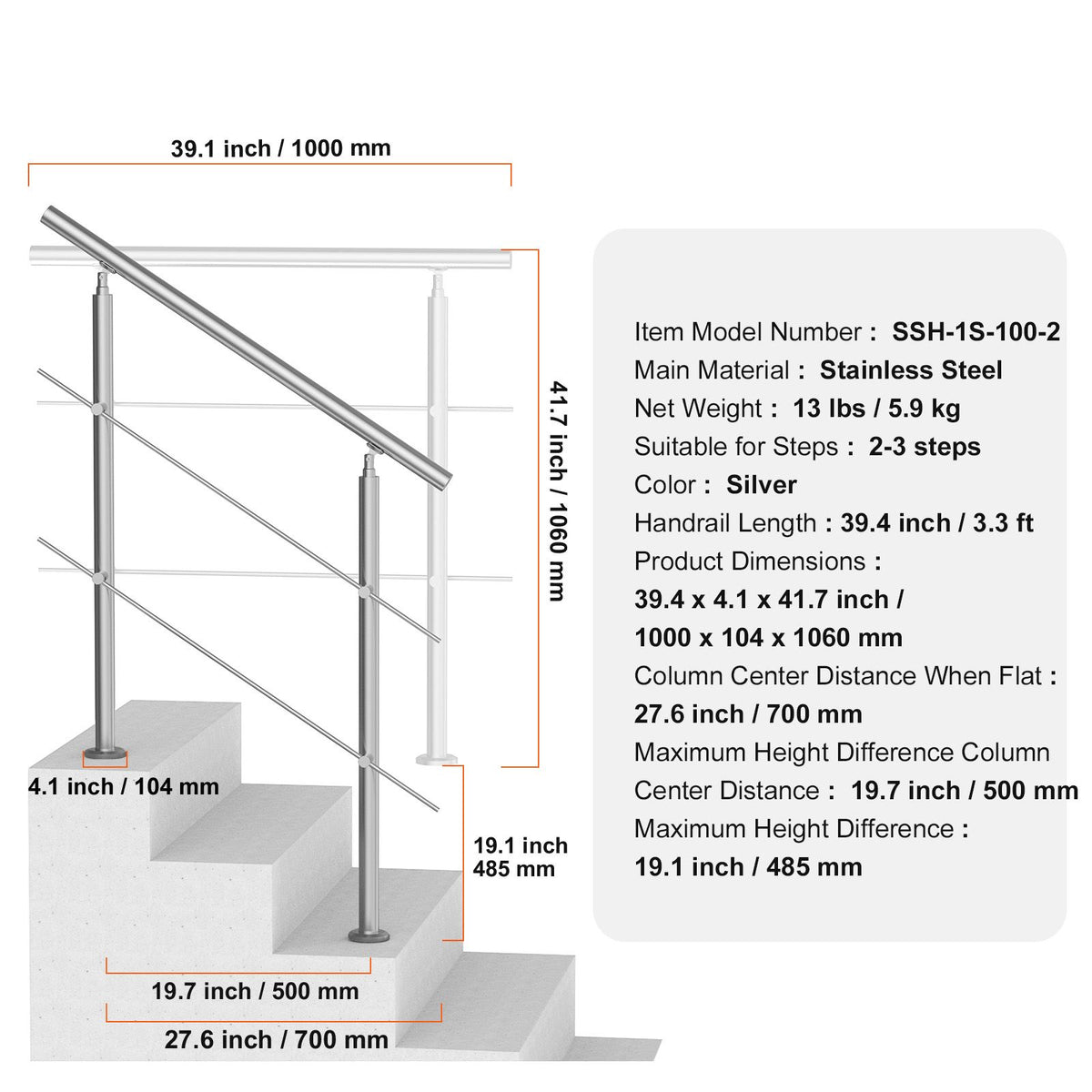 39.4-Inch Outdoor Stair Handrail, 2 Crossbars, Stainless Steel, Porch and Deck