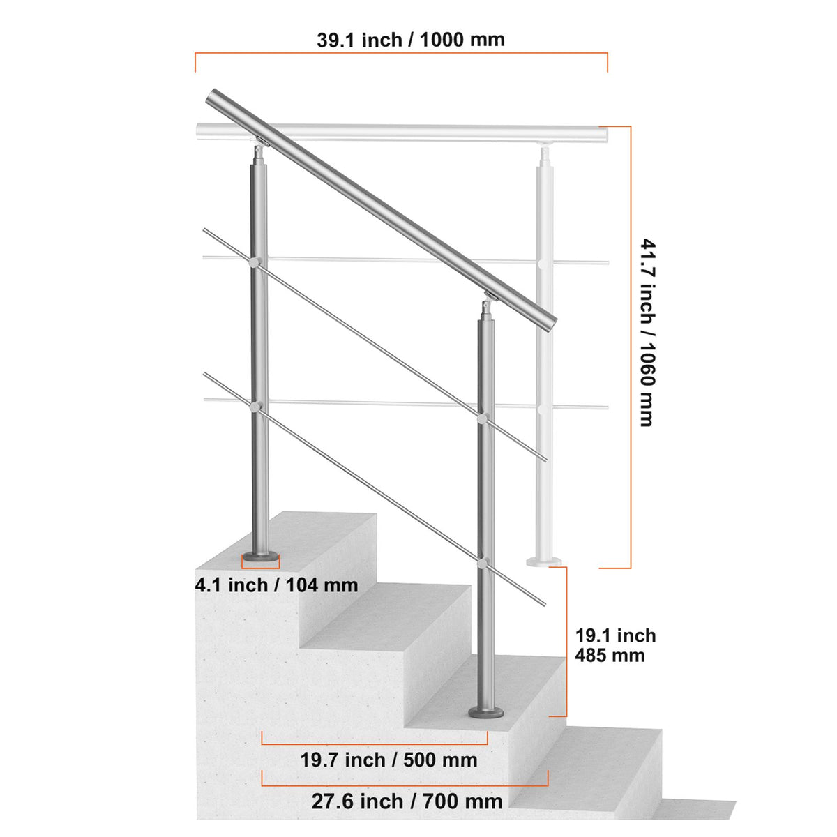 39.4-Inch Outdoor Stair Handrail, 2 Crossbars, Stainless Steel, Porch and Deck