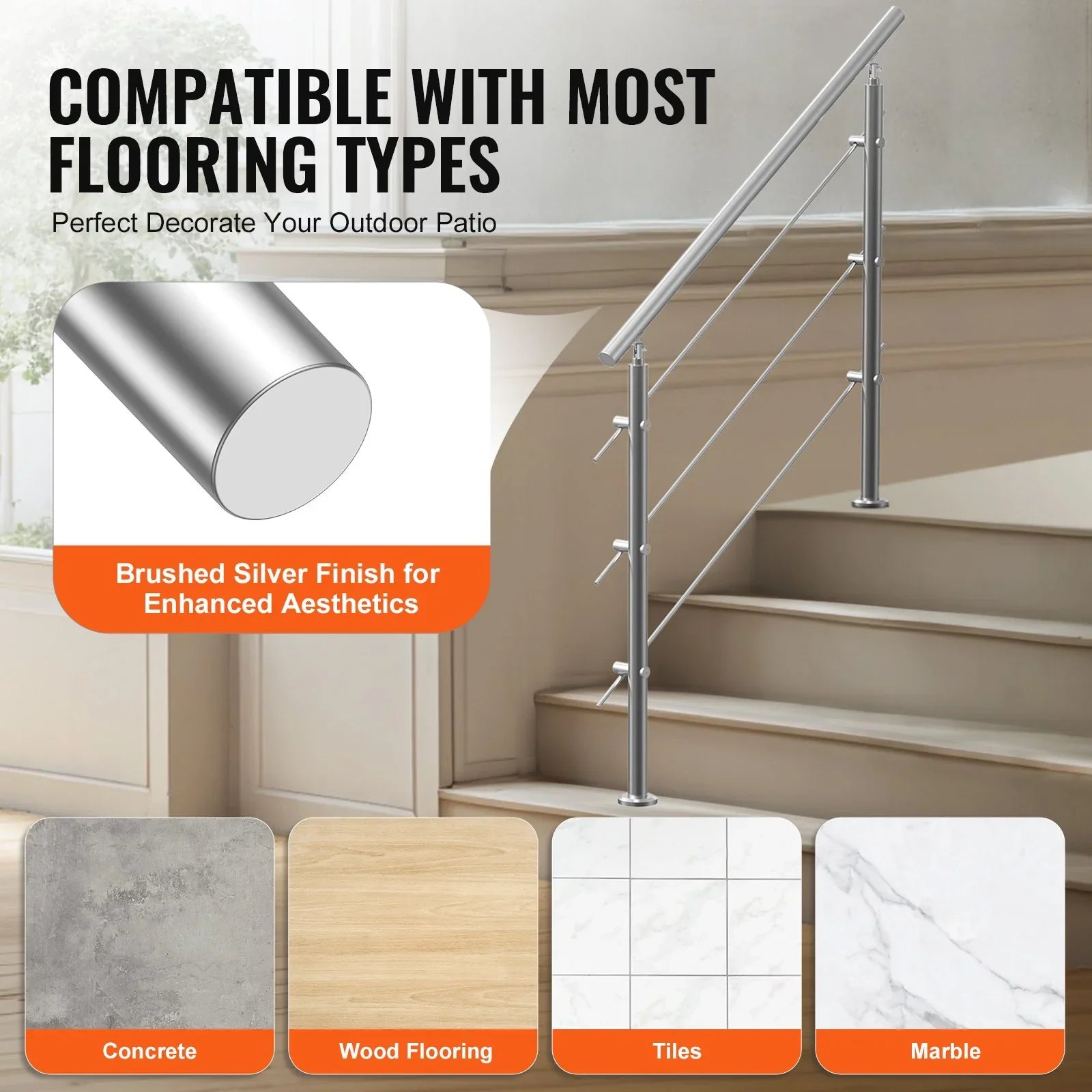 47.2in Handrails for Outdoor Steps 3 Crossbars Staircase for Porch Deck