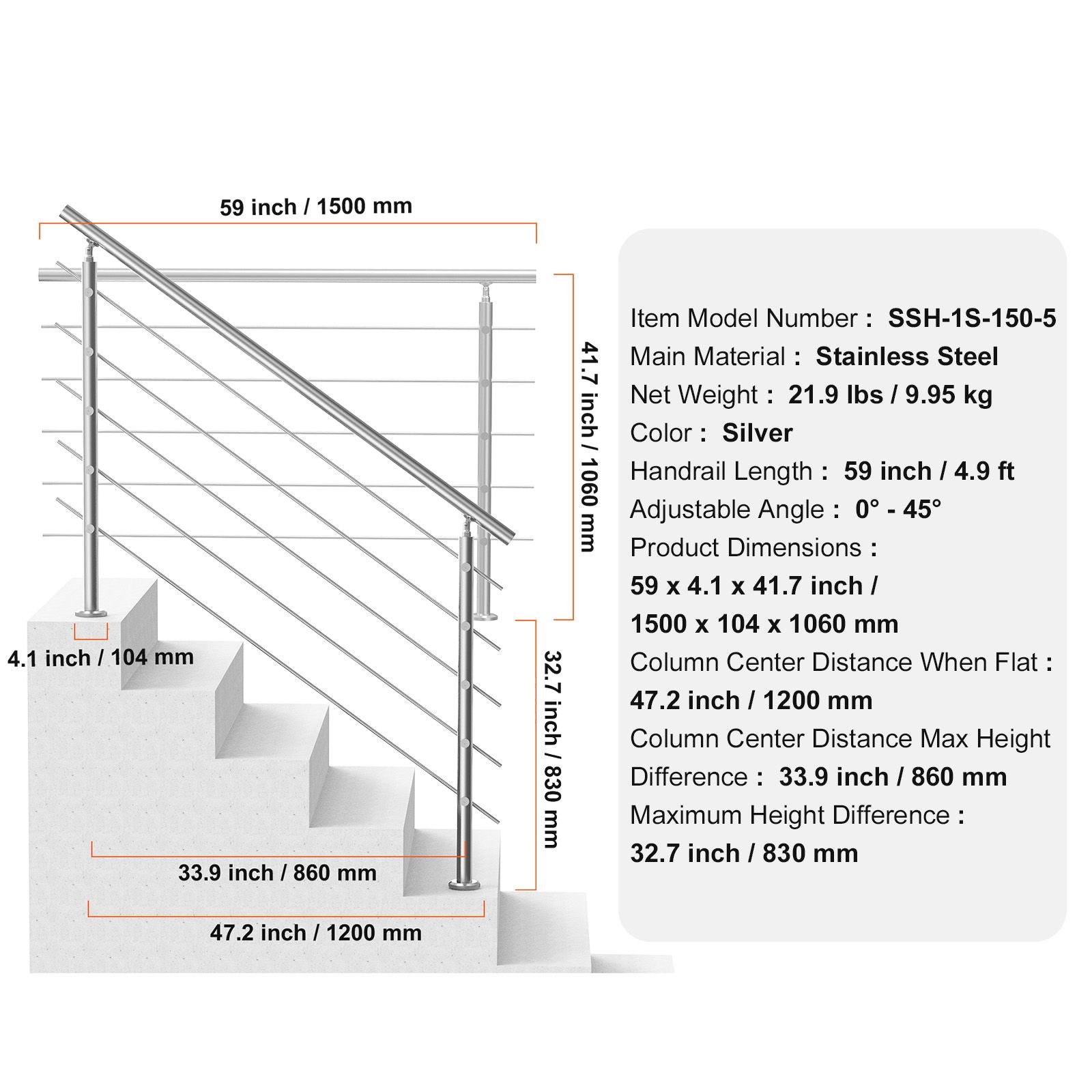 59in Handrails for Outdoor Steps 5 Crossbars Staircase for Porch Deck