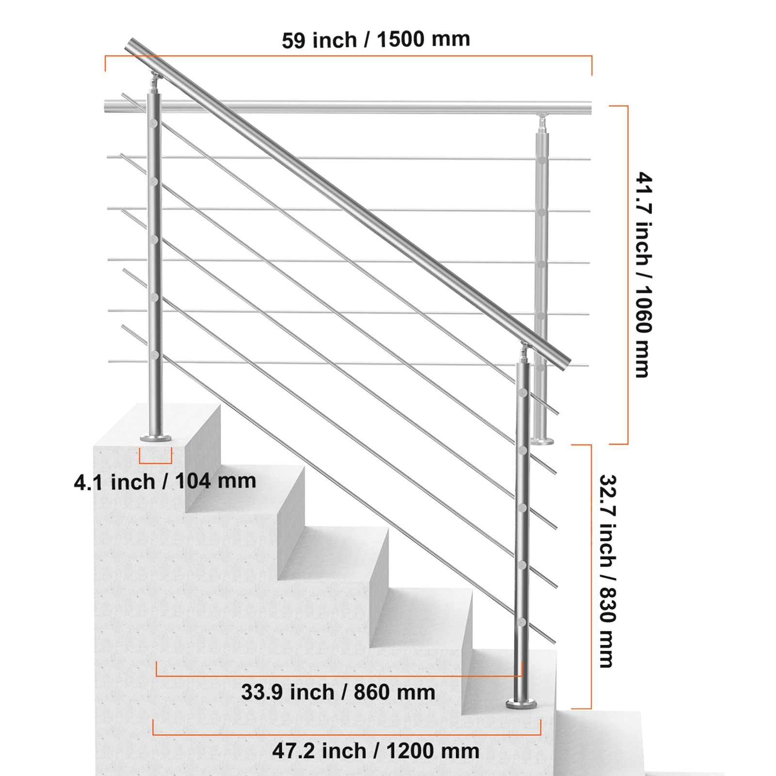 59in Handrails for Outdoor Steps 5 Crossbars Staircase for Porch Deck