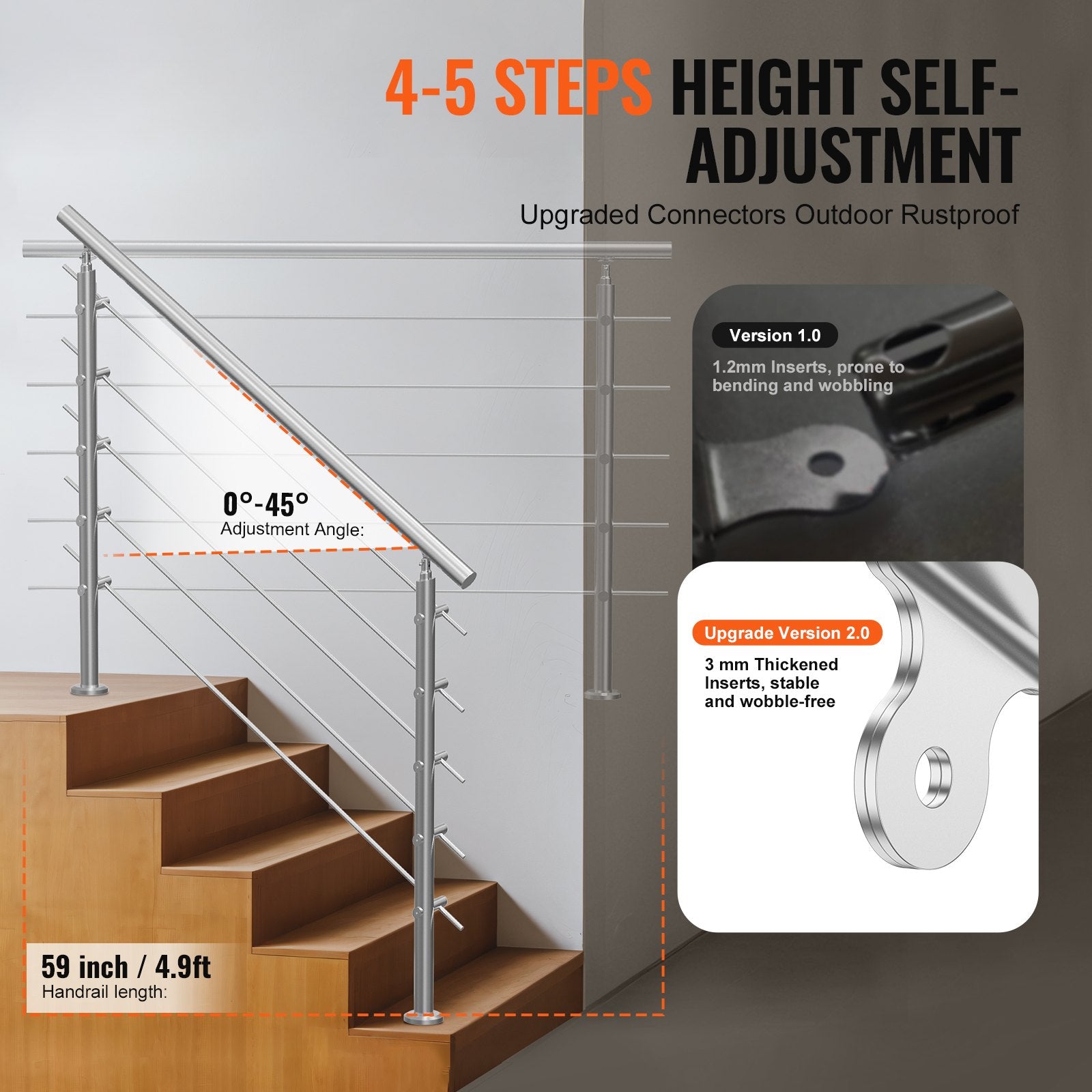 59in Handrails for Outdoor Steps 5 Crossbars Staircase for Porch Deck