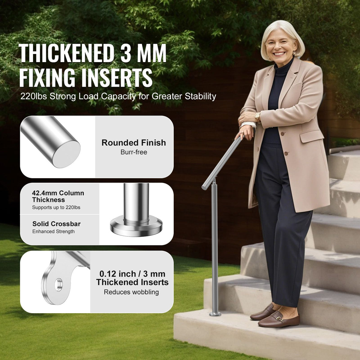 59in Stainless Steel Outdoor Stair Handrail 220lbs Capacity Safety Railing Kit