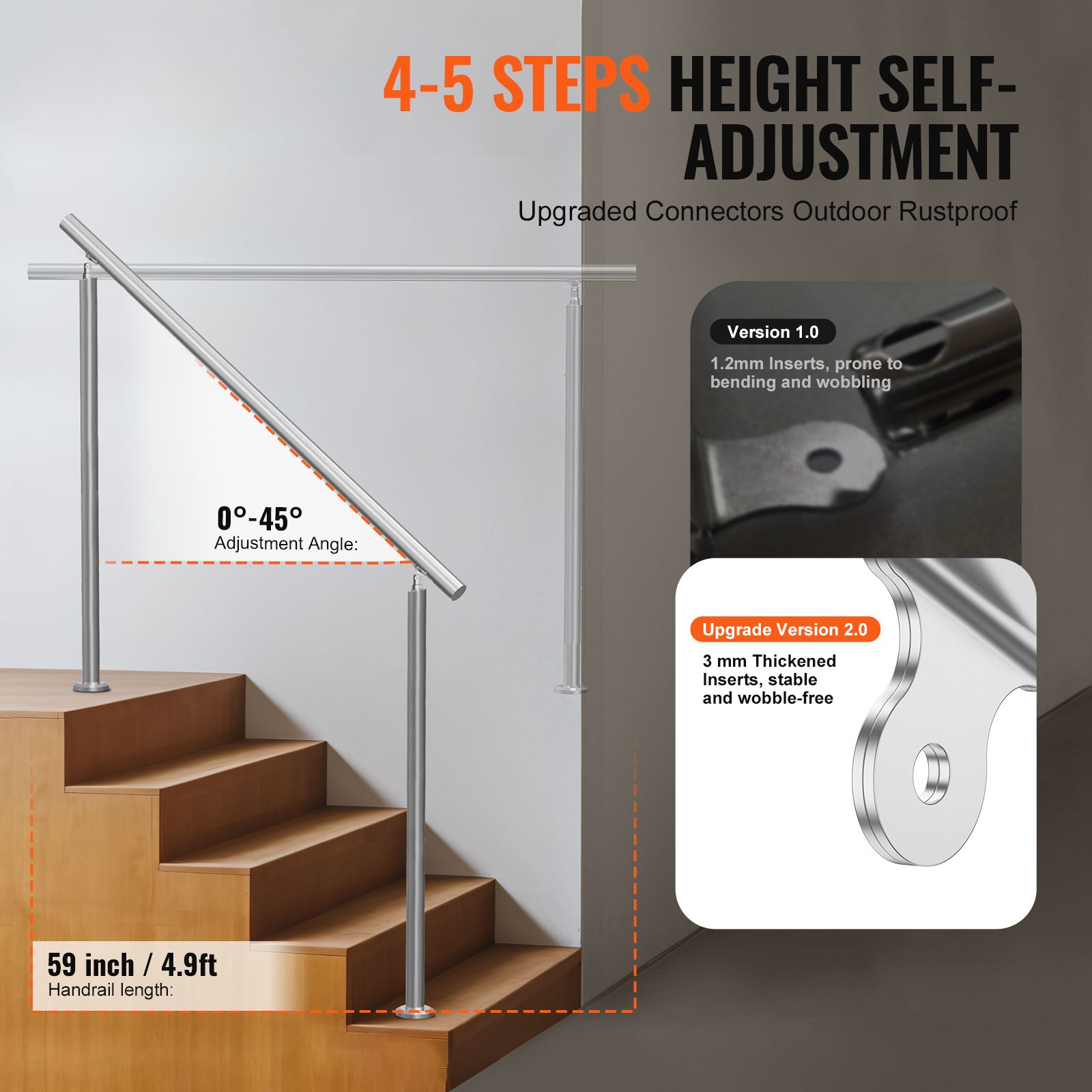59in Stainless Steel Outdoor Stair Handrail 220lbs Capacity Safety Railing Kit