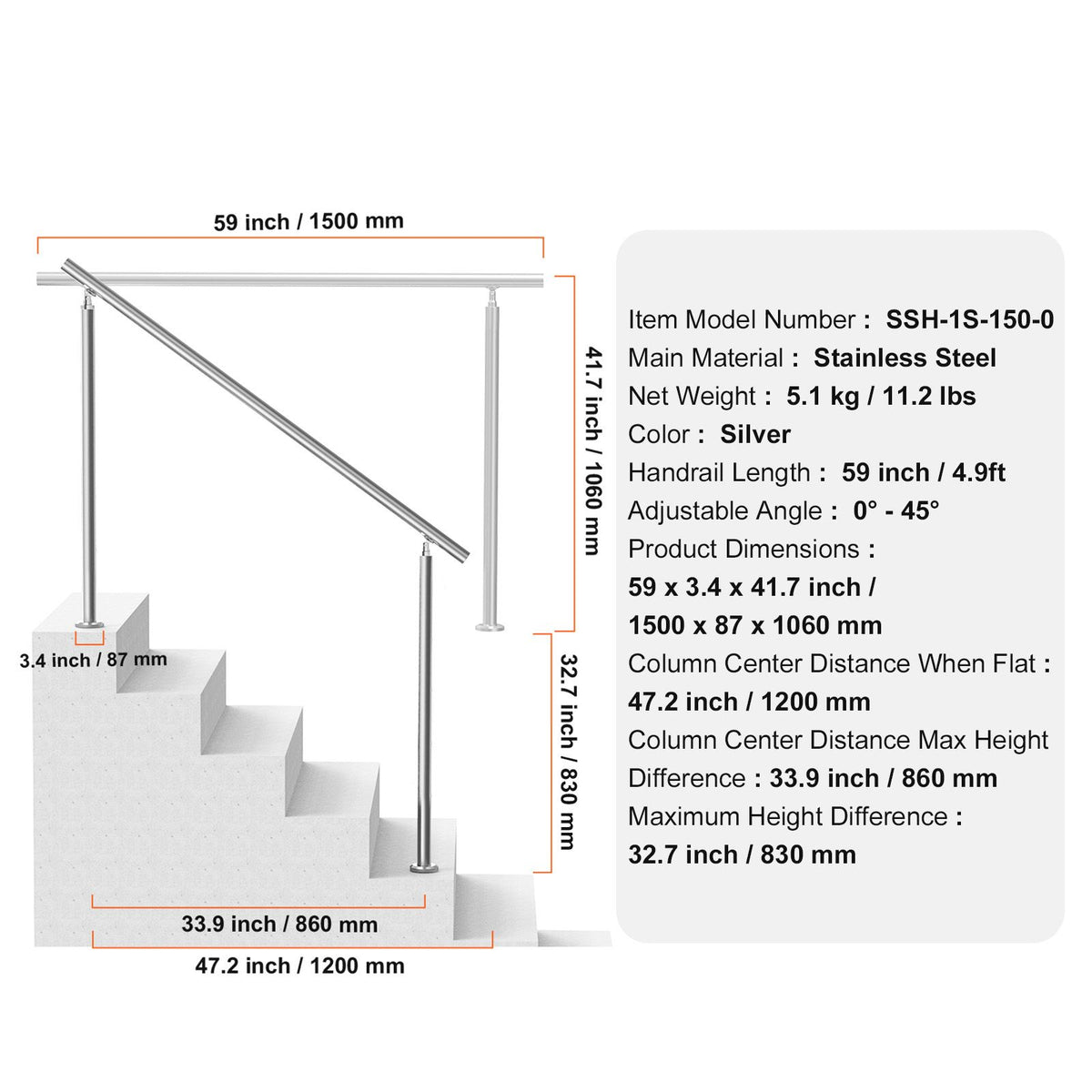59in Stainless Steel Outdoor Stair Handrail 220lbs Capacity Safety Railing Kit
