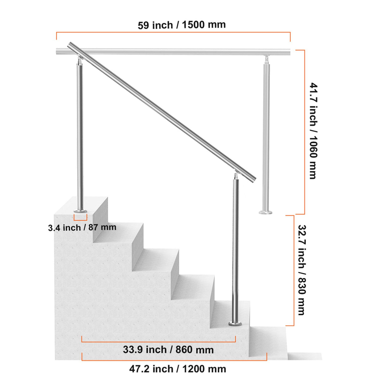 59in Stainless Steel Outdoor Stair Handrail 220lbs Capacity Safety Railing Kit