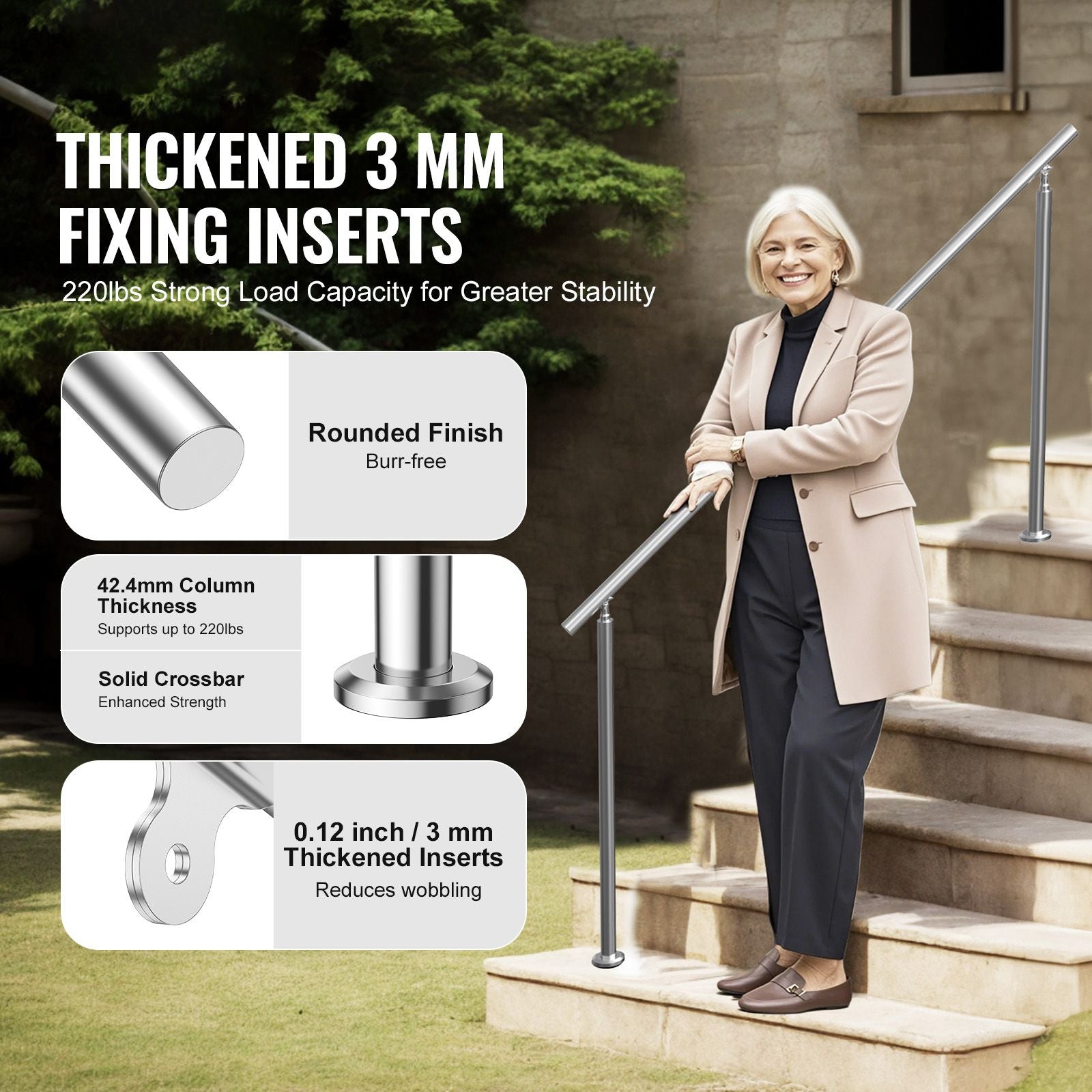 Handrails for Outdoor Steps, 70.9 in/ 180cm Length Stair Hand Rail Kit, Transitional Stainless Steel Railings with Installation Kit, Double-column Staircase Handrails for Seniors,Porch & Deck