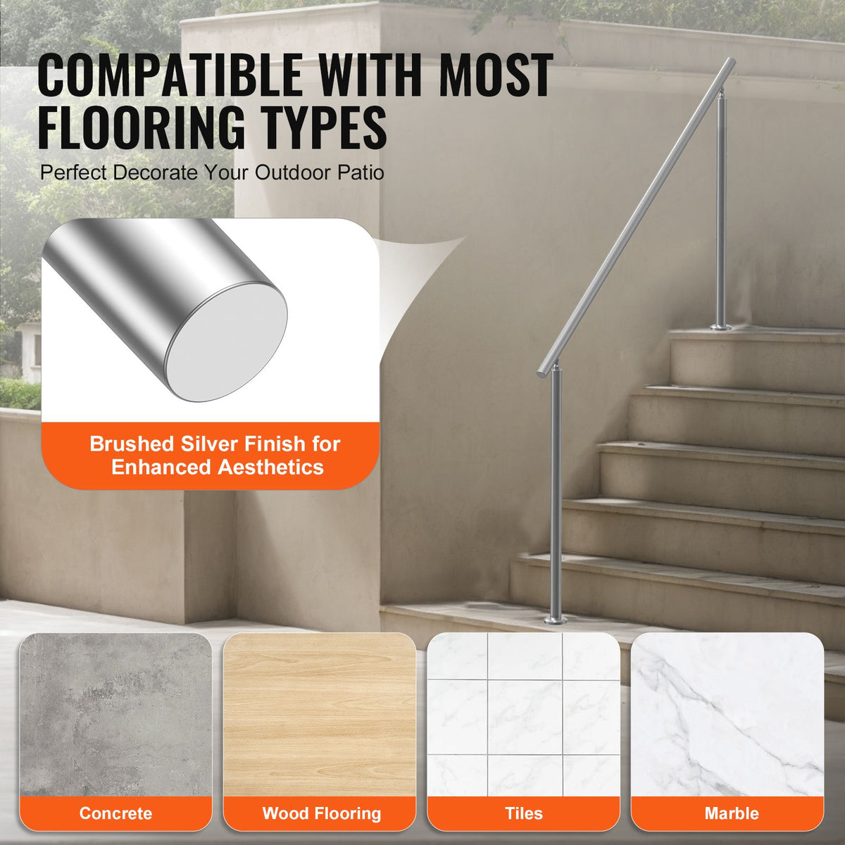 180cm Stainless Steel Outdoor Stair Handrail, Double-Column, Adjustable Angle