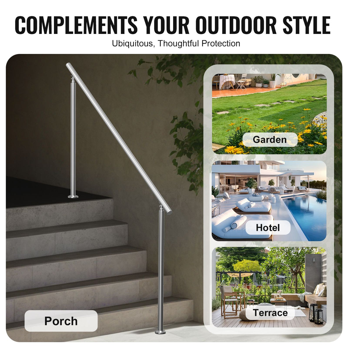 180cm Stainless Steel Outdoor Stair Handrail, Double-Column, Adjustable Angle