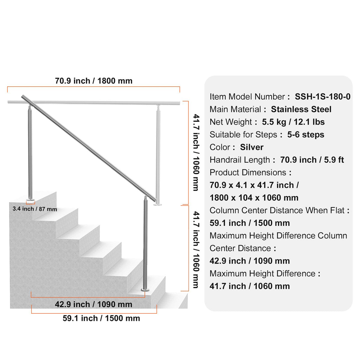 180cm Stainless Steel Outdoor Stair Handrail, Double-Column, Adjustable Angle