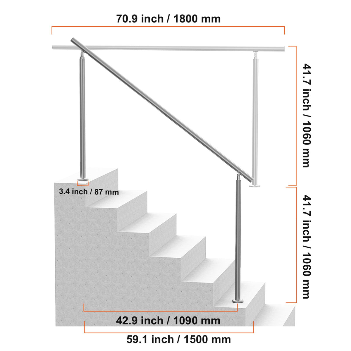 180cm Stainless Steel Outdoor Stair Handrail, Double-Column, Adjustable Angle