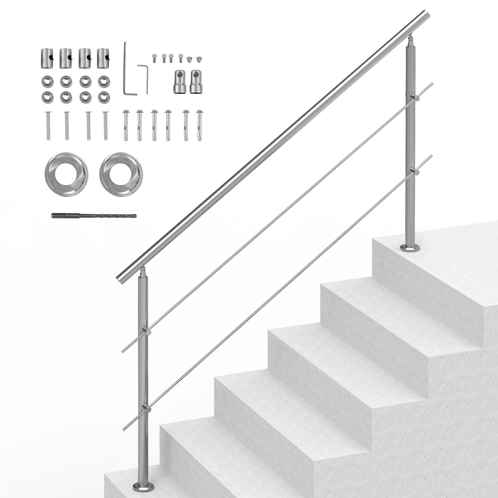 70.9" Outdoor Stair Handrail Stainless Steel 2 Crossbar Adjustable Railing