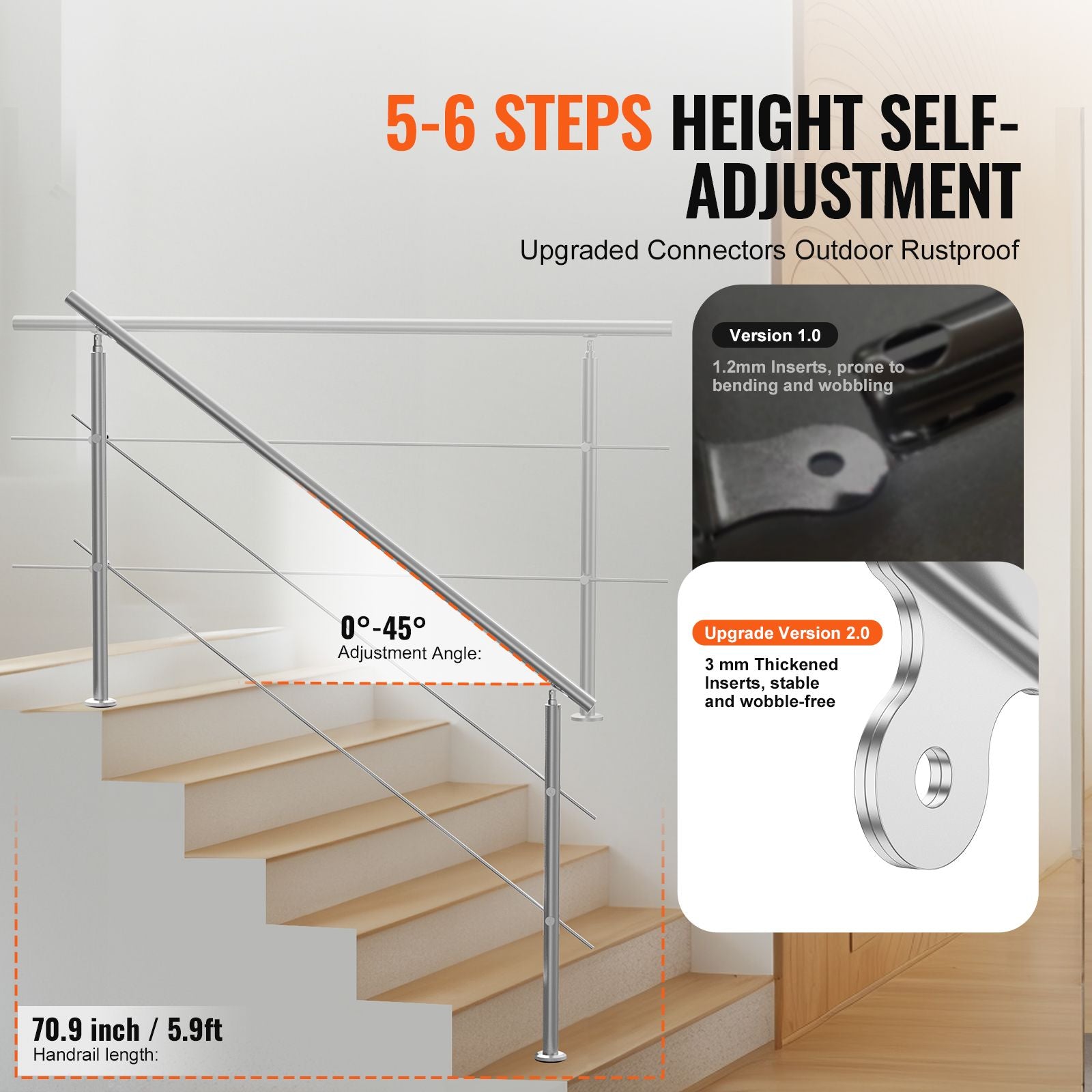 70.9" Outdoor Stair Handrail Stainless Steel 2 Crossbar Adjustable Railing